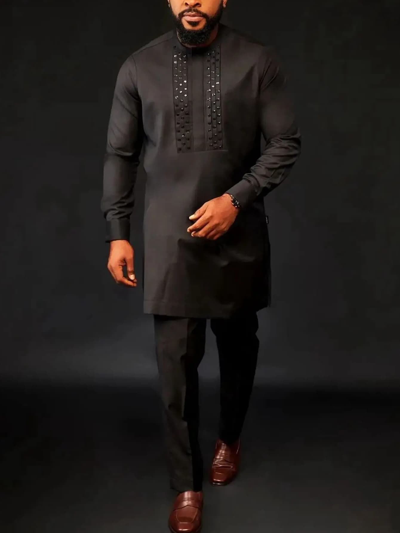 2-Piece Set: Men's African Beaded Long Sleeve Top And Pants, Traditional Retro Casual Outfit