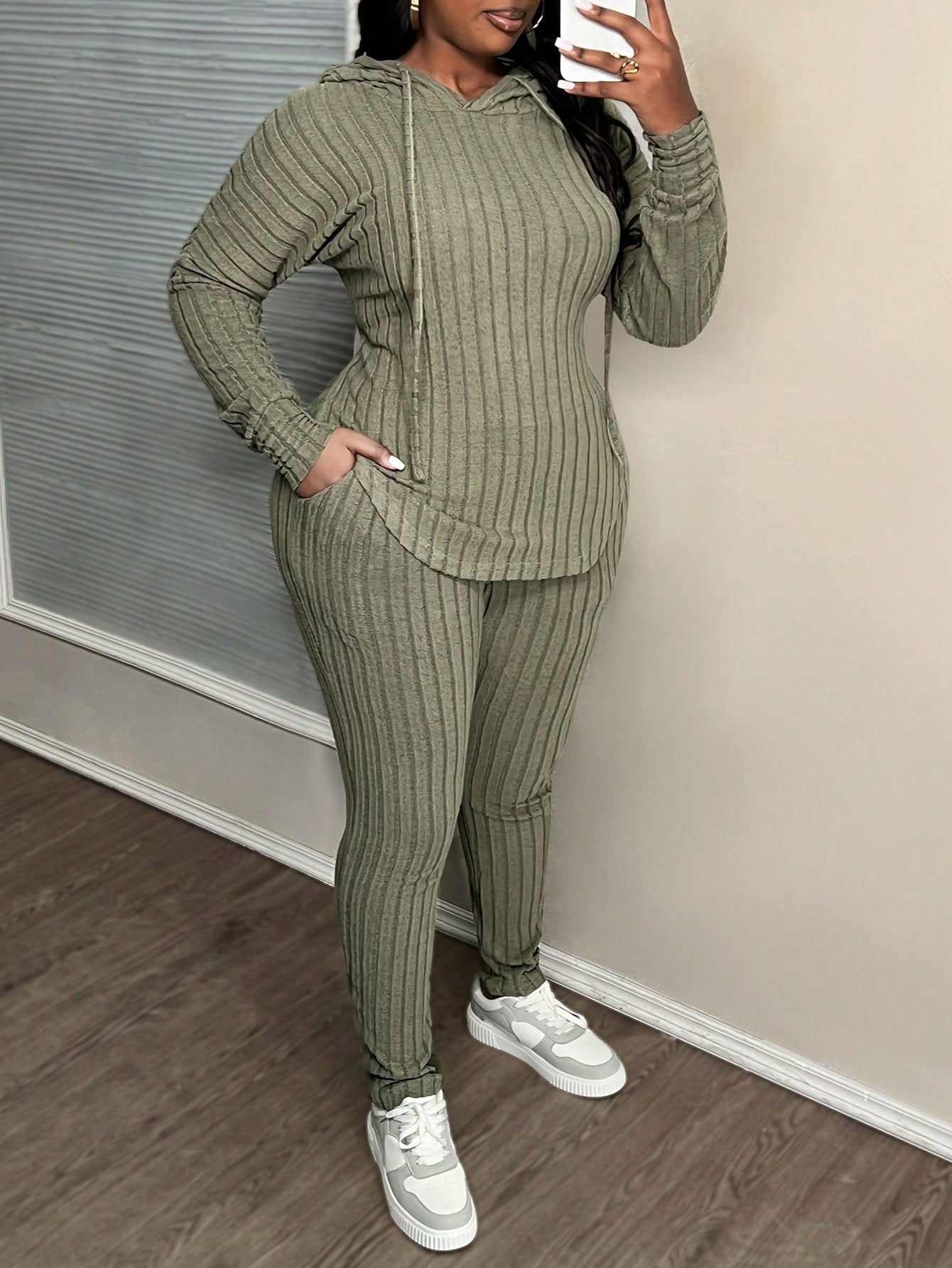 Plus Size Casual Olive Green Ribbed Knit Hoodie & Slim Fit Pants 2Pcs Set, Autumn/Winter