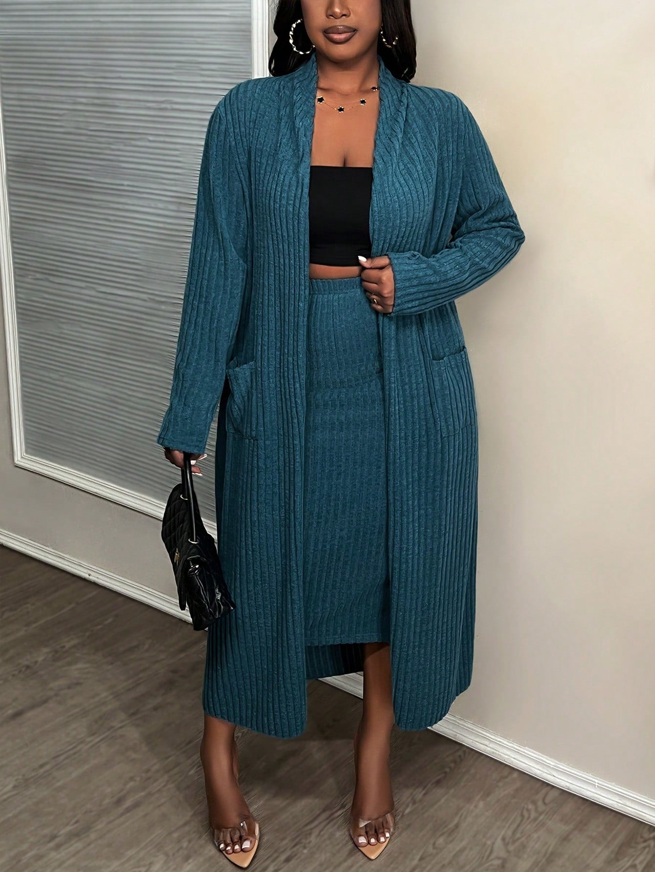 Slayr Plus Size Blue Fleece Knit Basic Casual Skirt Set With Long Cardigan For Early Autumn & Winter, B