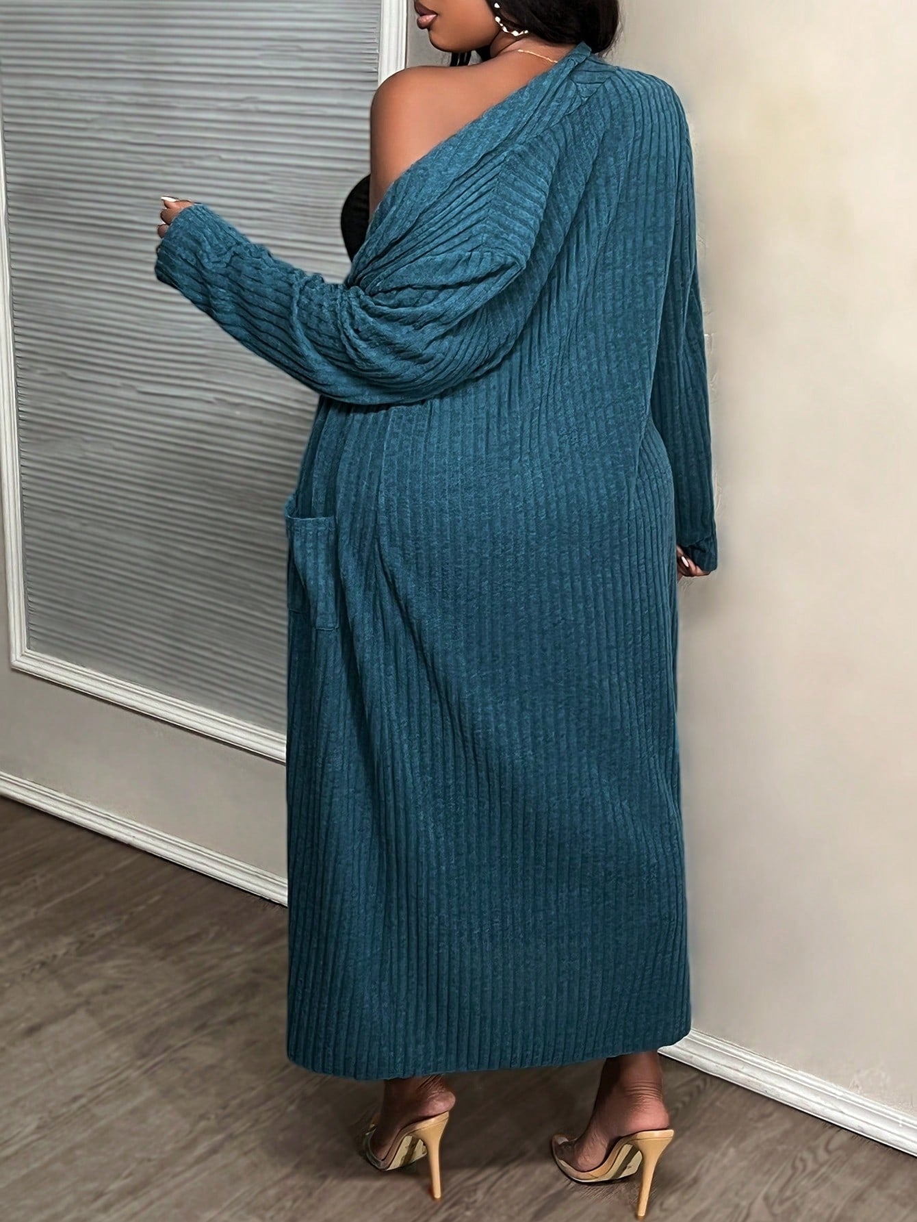 Slayr Plus Size Blue Fleece Knit Basic Casual Skirt Set With Long Cardigan For Early Autumn & Winter, B