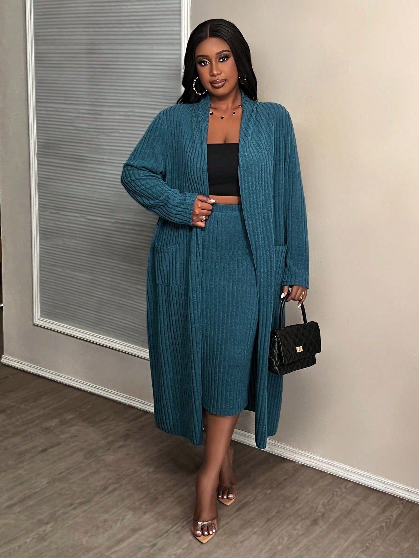 Slayr Plus Size Blue Fleece Knit Basic Casual Skirt Set With Long Cardigan For Early Autumn & Winter, B