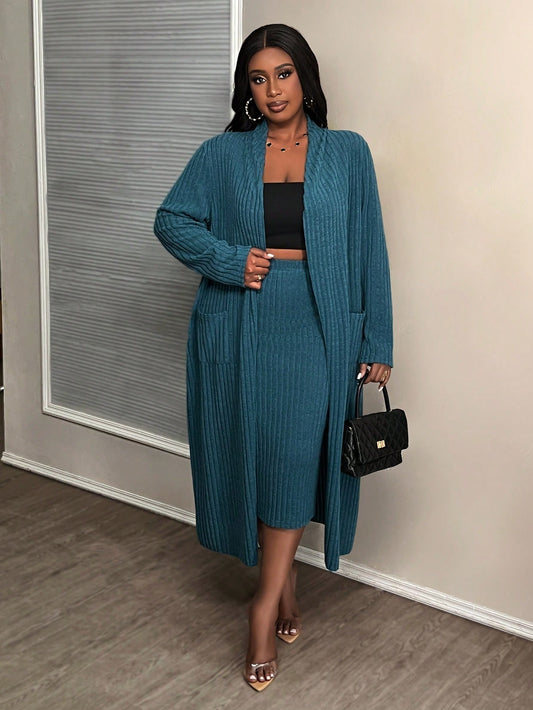 Slayr Plus Size Blue Fleece Knit Basic Casual Skirt Set With Long Cardigan For Early Autumn & Winter, B