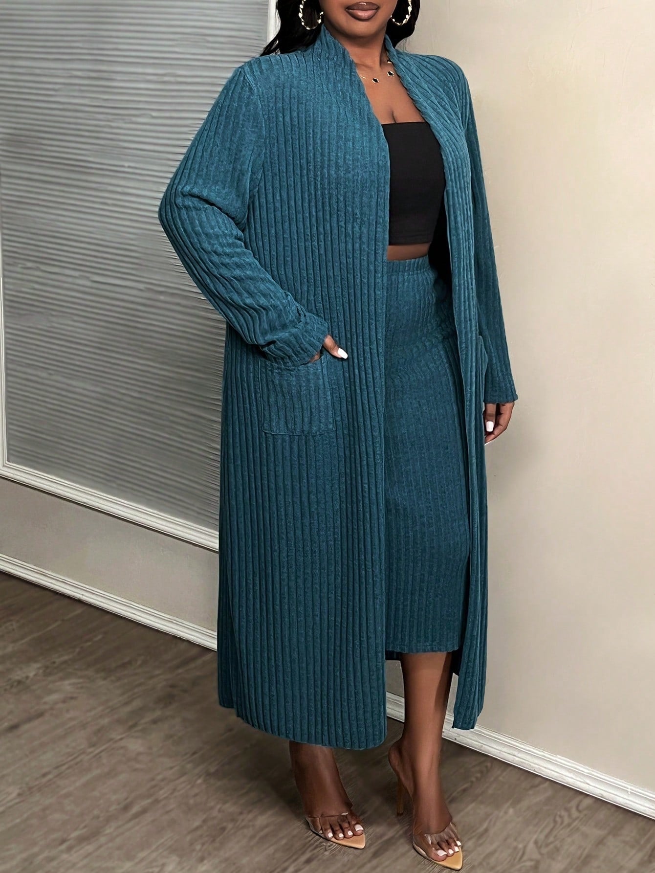 Slayr Plus Size Blue Fleece Knit Basic Casual Skirt Set With Long Cardigan For Early Autumn & Winter, B
