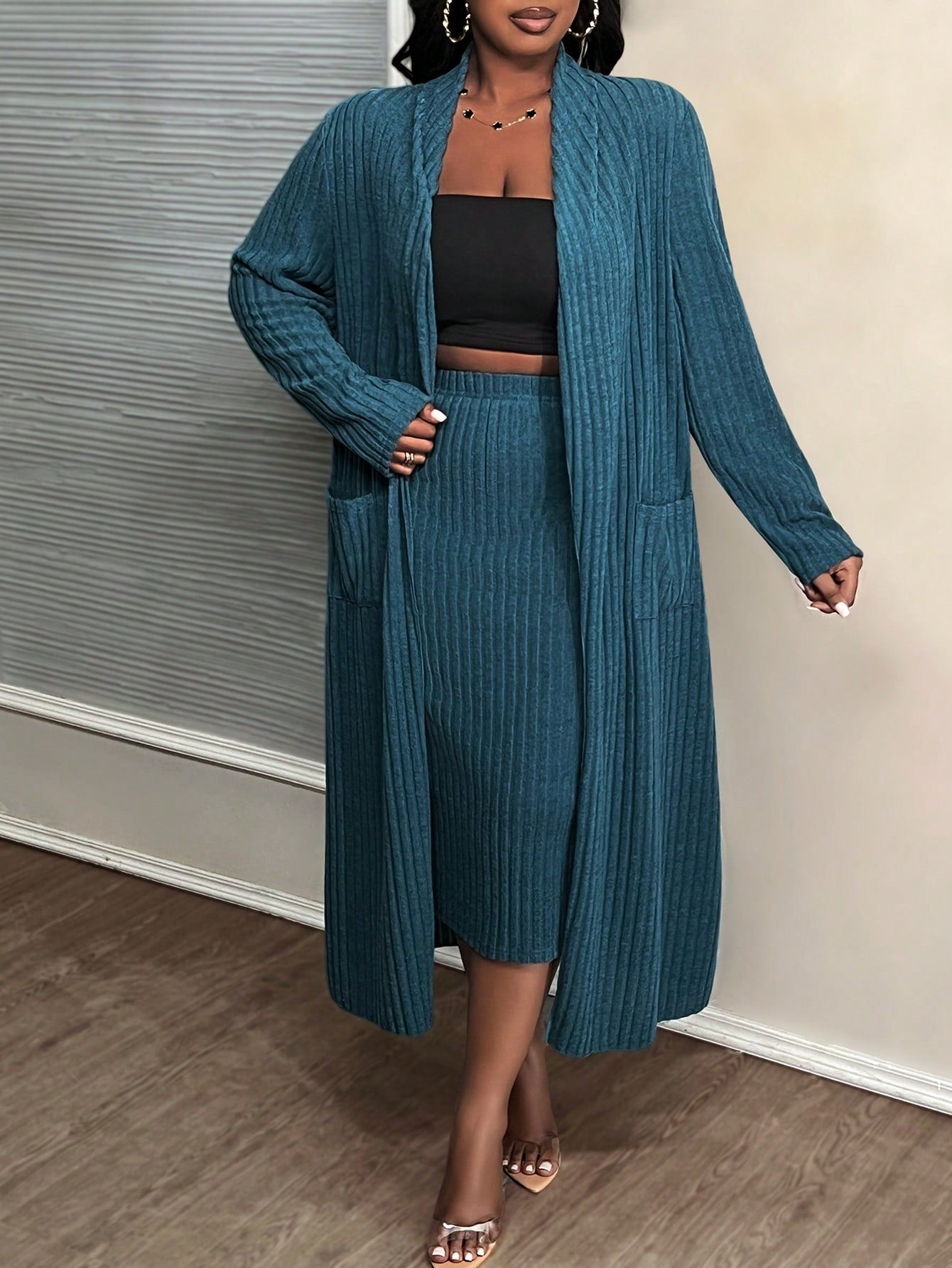 Slayr Plus Size Blue Fleece Knit Basic Casual Skirt Set With Long Cardigan For Early Autumn & Winter, B
