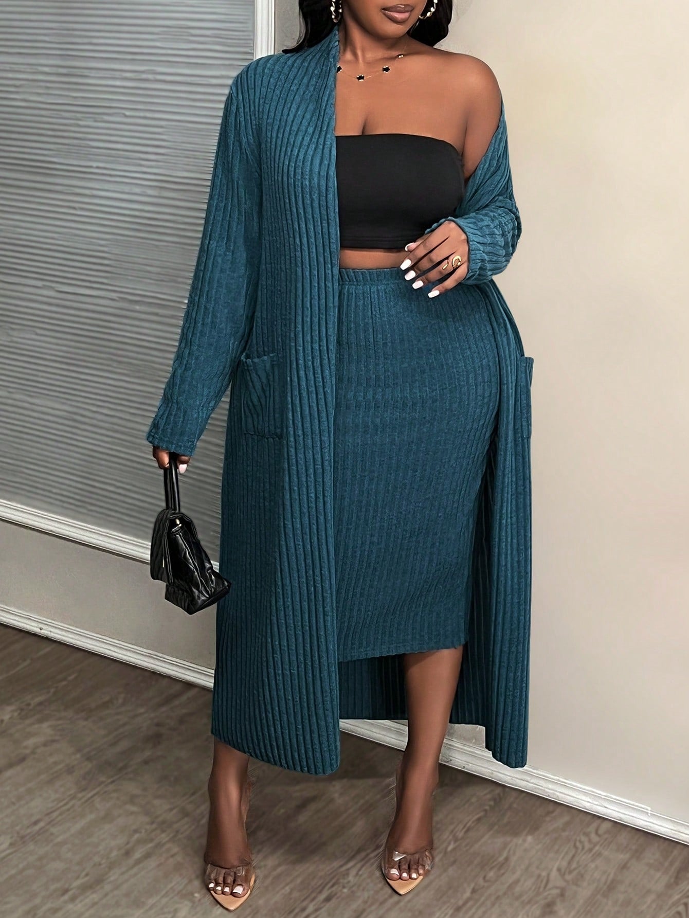 Slayr Plus Size Blue Fleece Knit Basic Casual Skirt Set With Long Cardigan For Early Autumn & Winter, B