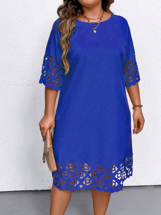 Plus Size Women's Solid Color Concise Daily Wear Hollow Out Dress