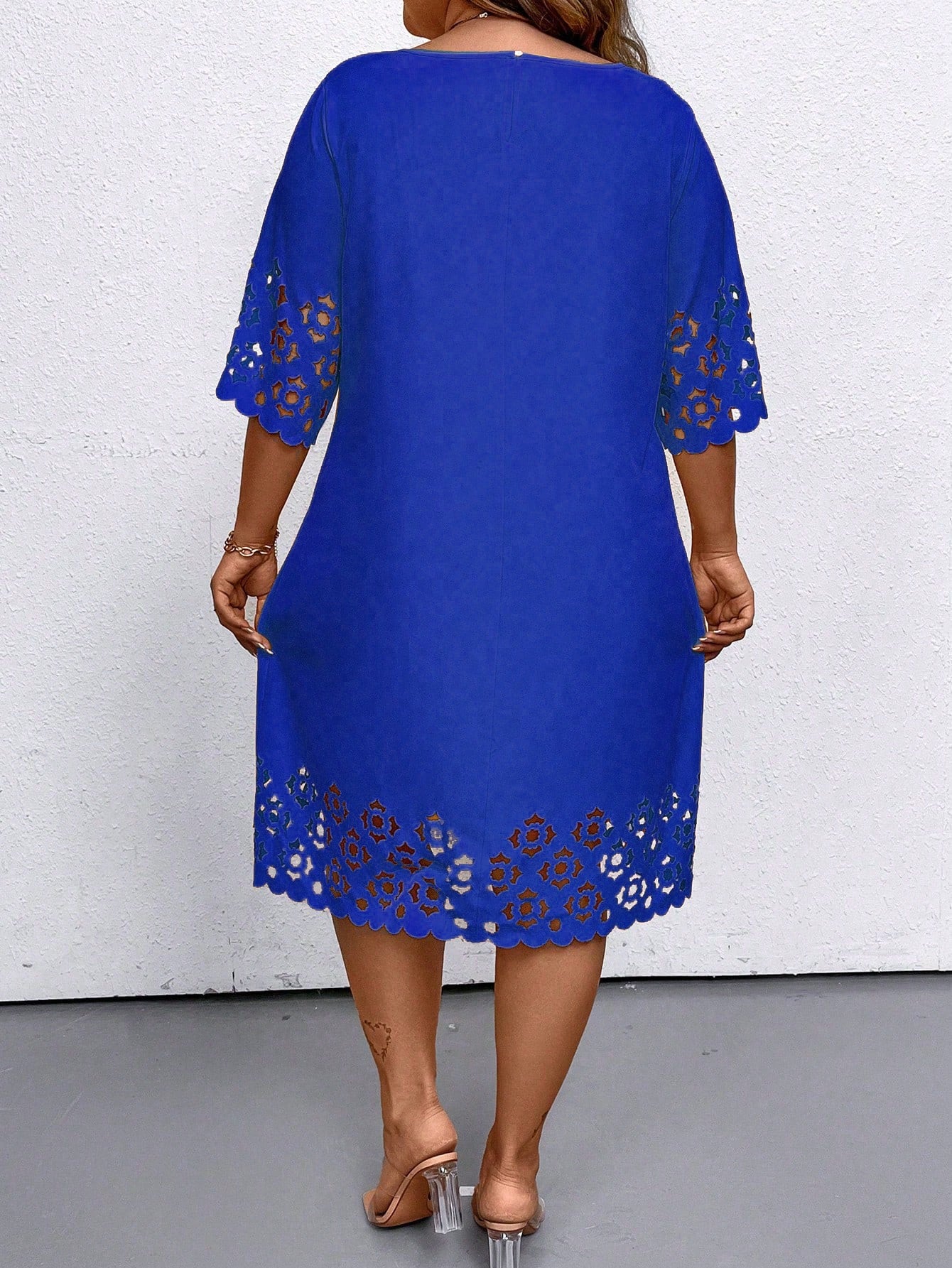 Plus Size Women's Solid Color Concise Daily Wear Hollow Out Dress