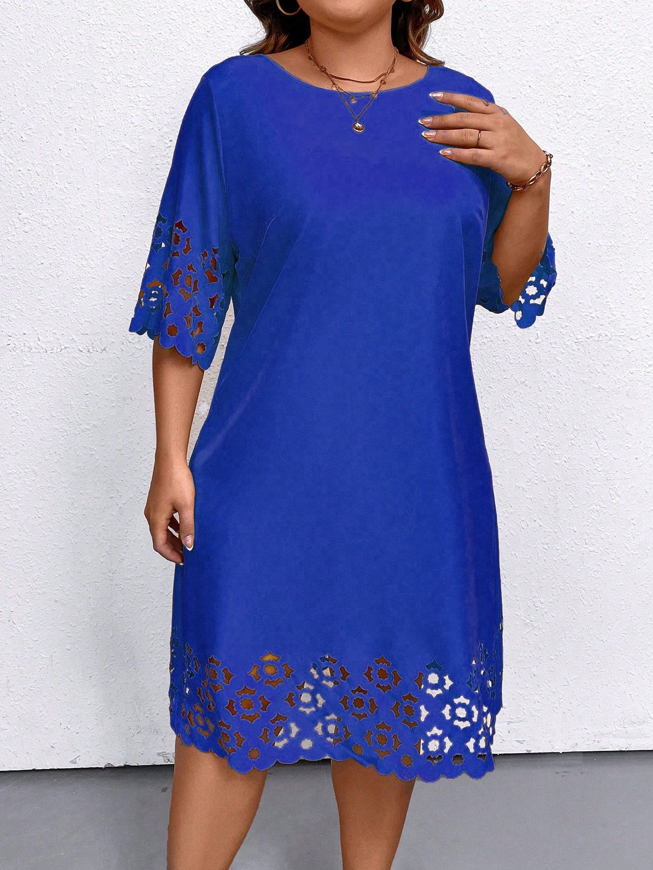 Plus Size Women's Solid Color Concise Daily Wear Hollow Out Dress