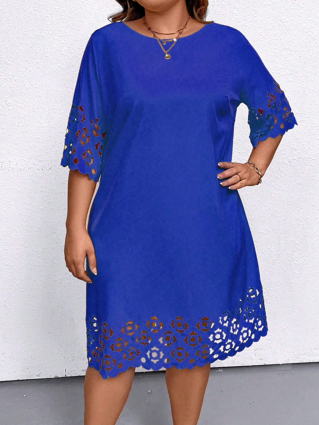 Plus Size Women's Solid Color Concise Daily Wear Hollow Out Dress