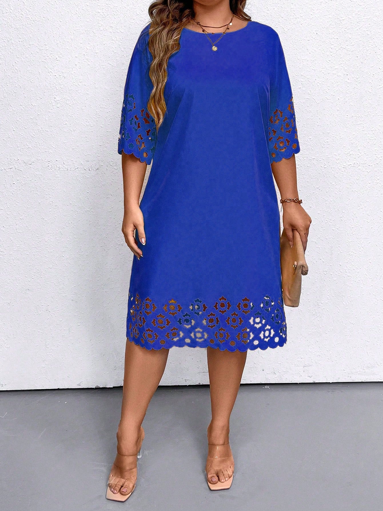 Plus Size Women's Solid Color Concise Daily Wear Hollow Out Dress