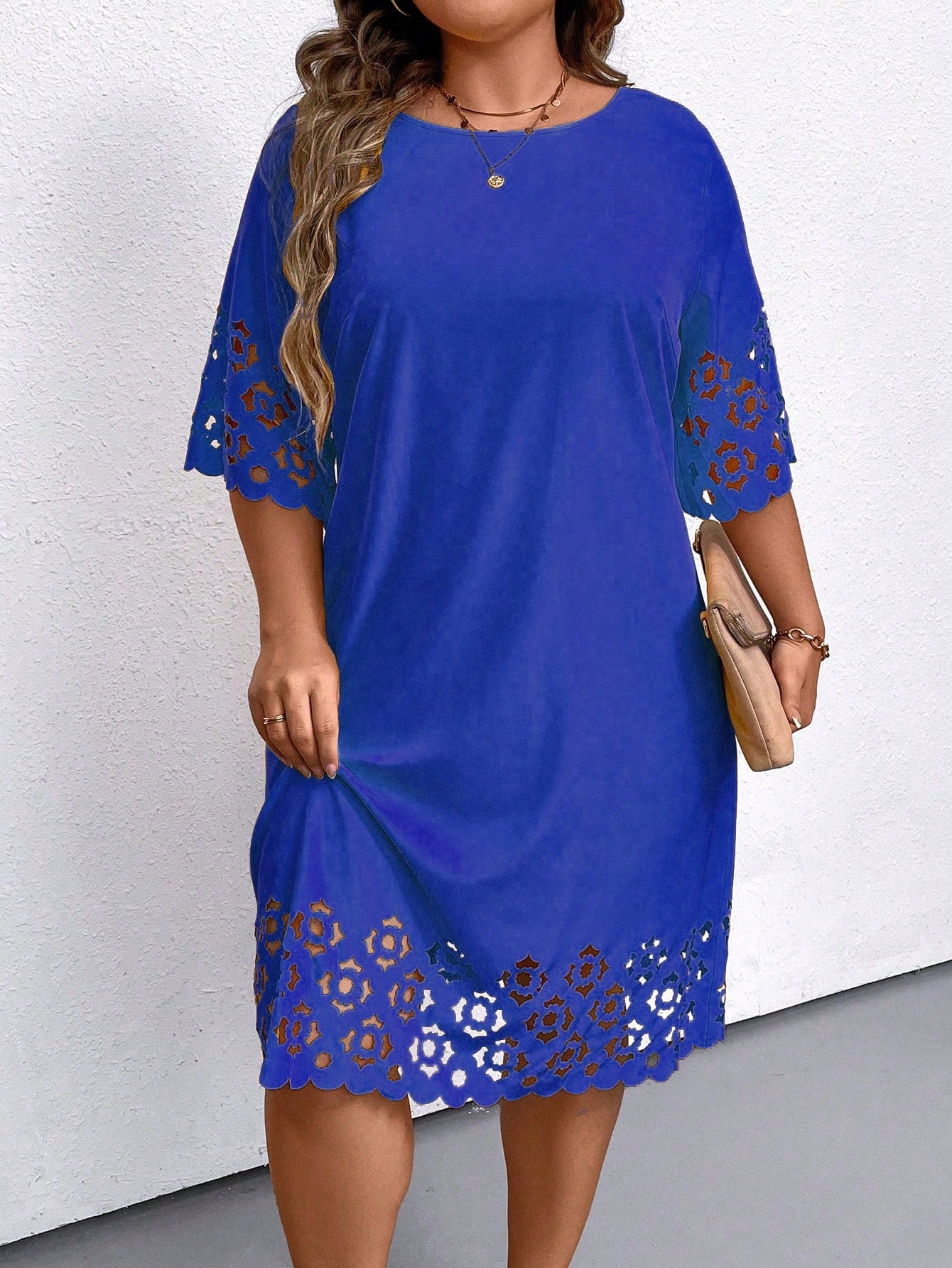 Plus Size Women's Solid Color Concise Daily Wear Hollow Out Dress