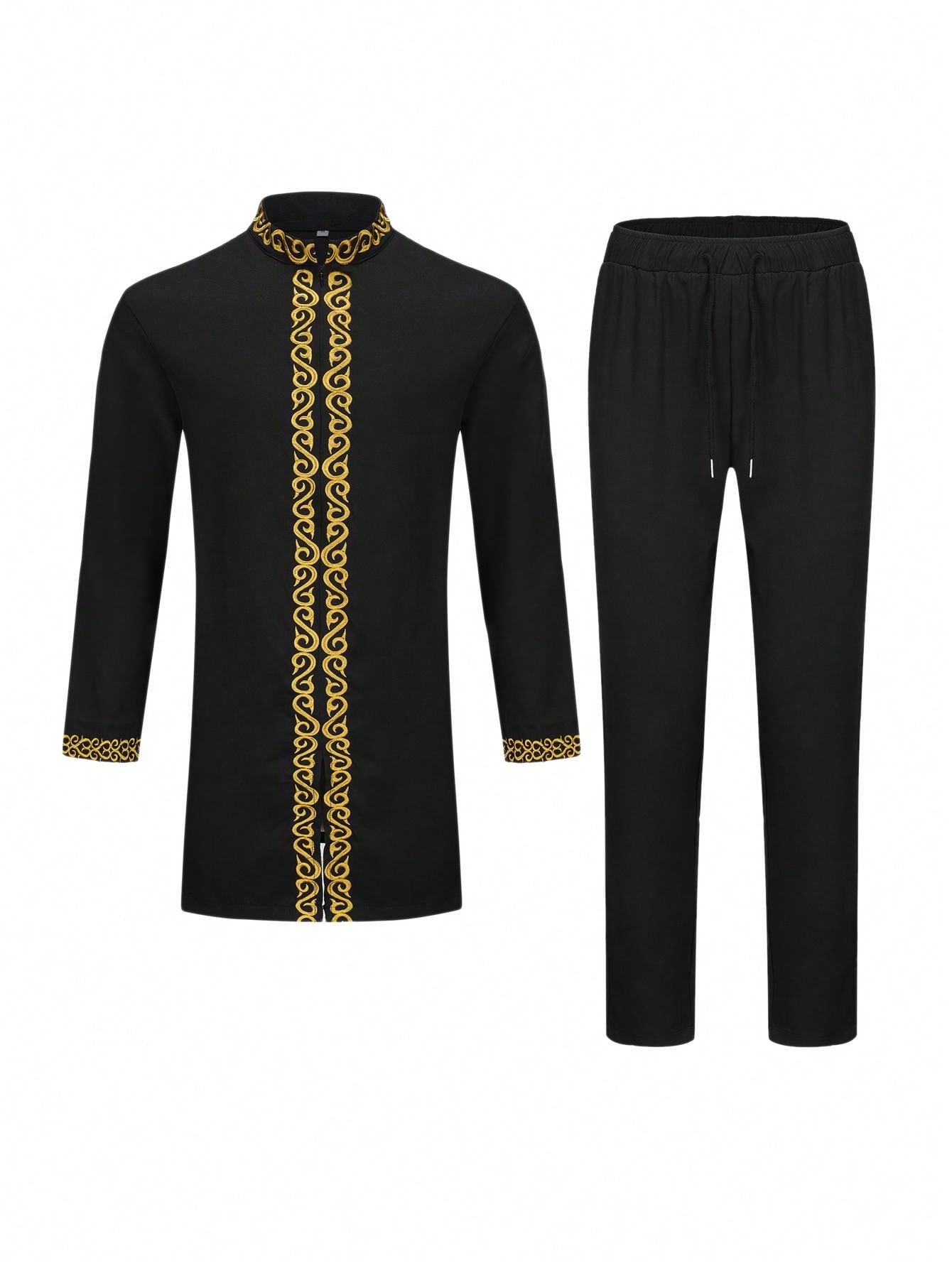 2024 New Men's 2 Piece Suit, Solid Color Round Neck Embroidered Long Sleeve Suit Jacket & Pants, African  Wedding Suit