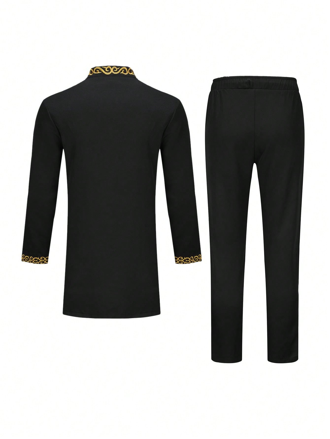 2024 New Men's 2 Piece Suit, Solid Color Round Neck Embroidered Long Sleeve Suit Jacket & Pants, African  Wedding Suit