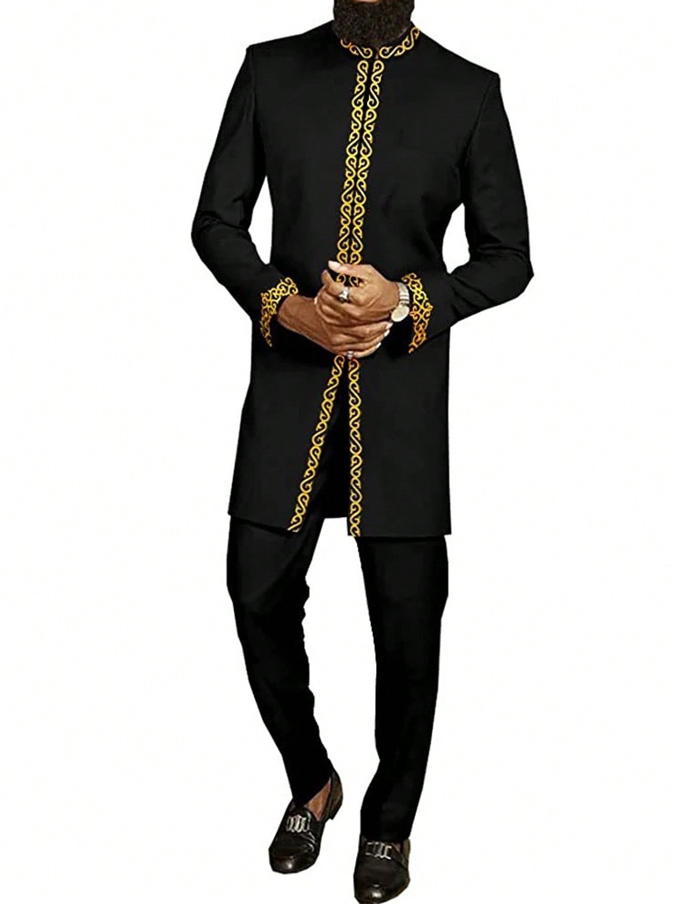 2024 New Men's 2 Piece Suit, Solid Color Round Neck Embroidered Long Sleeve Suit Jacket & Pants, African  Wedding Suit