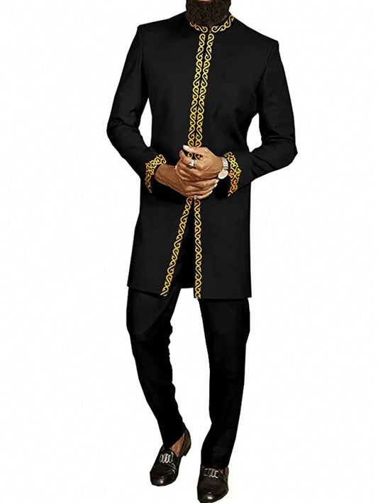 2024 New Men's 2 Piece Suit, Solid Color Round Neck Embroidered Long Sleeve Suit Jacket & Pants, African  Wedding Suit