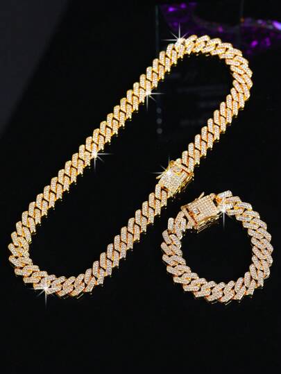kuuioe 2pcs/Set Trendy Chain Necklace Plus Bracelet Punk Style Hip Hop Jewelry Set Suitable For Men And Women Perfect Decor For Cool Friends Unisex Jewelry
