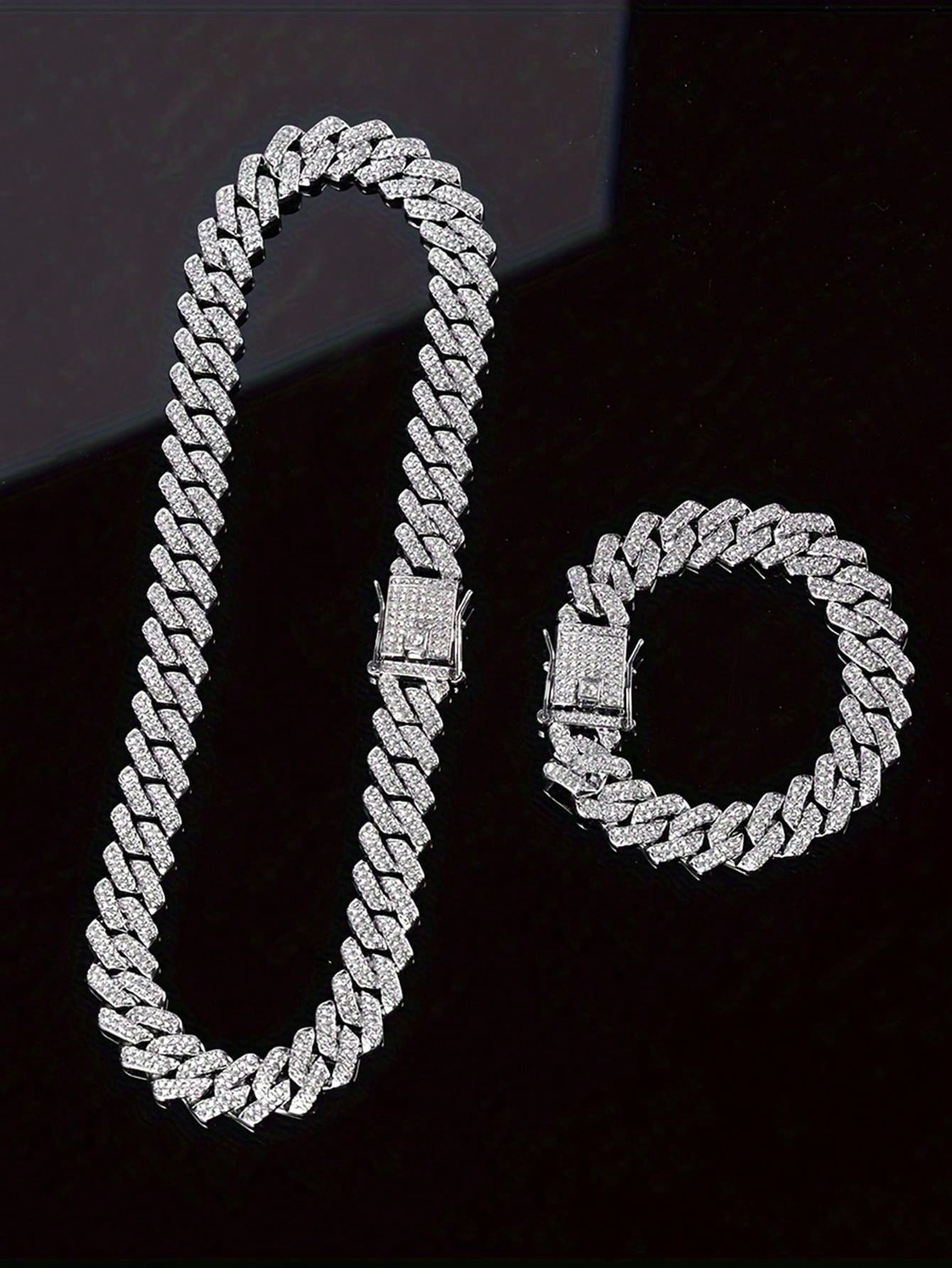 kuuioe 2pcs/Set Trendy Chain Necklace Plus Bracelet Punk Style Hip Hop Jewelry Set Suitable For Men And Women Perfect Decor For Cool Friends Unisex Jewelry