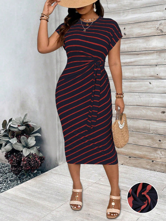 Plus Size Women's Striped Round Neck Batwing Sleeve Casual Dress With Waist Tie, Summer