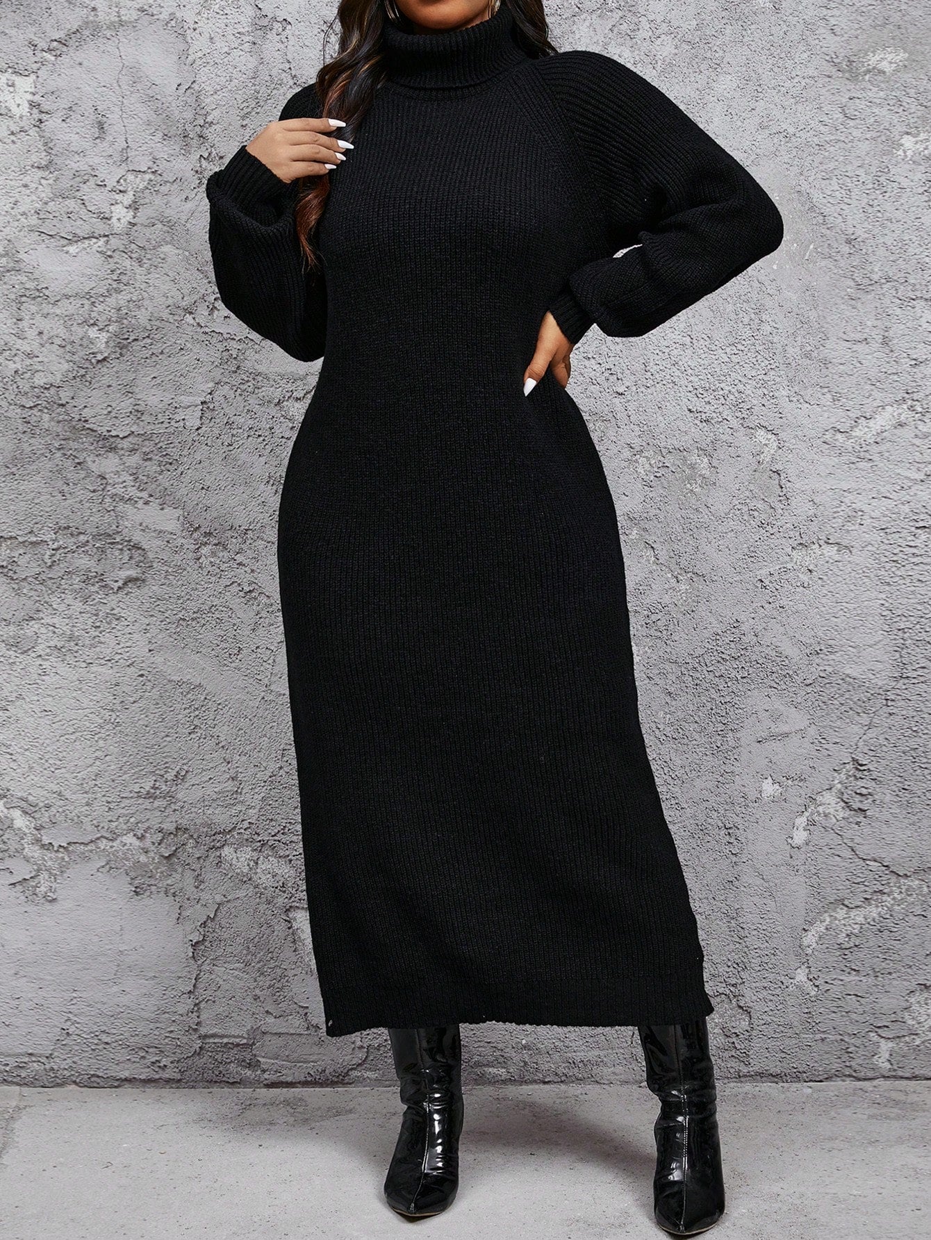Plus Size Women's Comfortable Casual Minimalist High Neck Loose Thick Fuzzy Warm Sweater Dress, Can Be Layered Over Coats Or Worn Alone, Black Long Sleeve Knitted