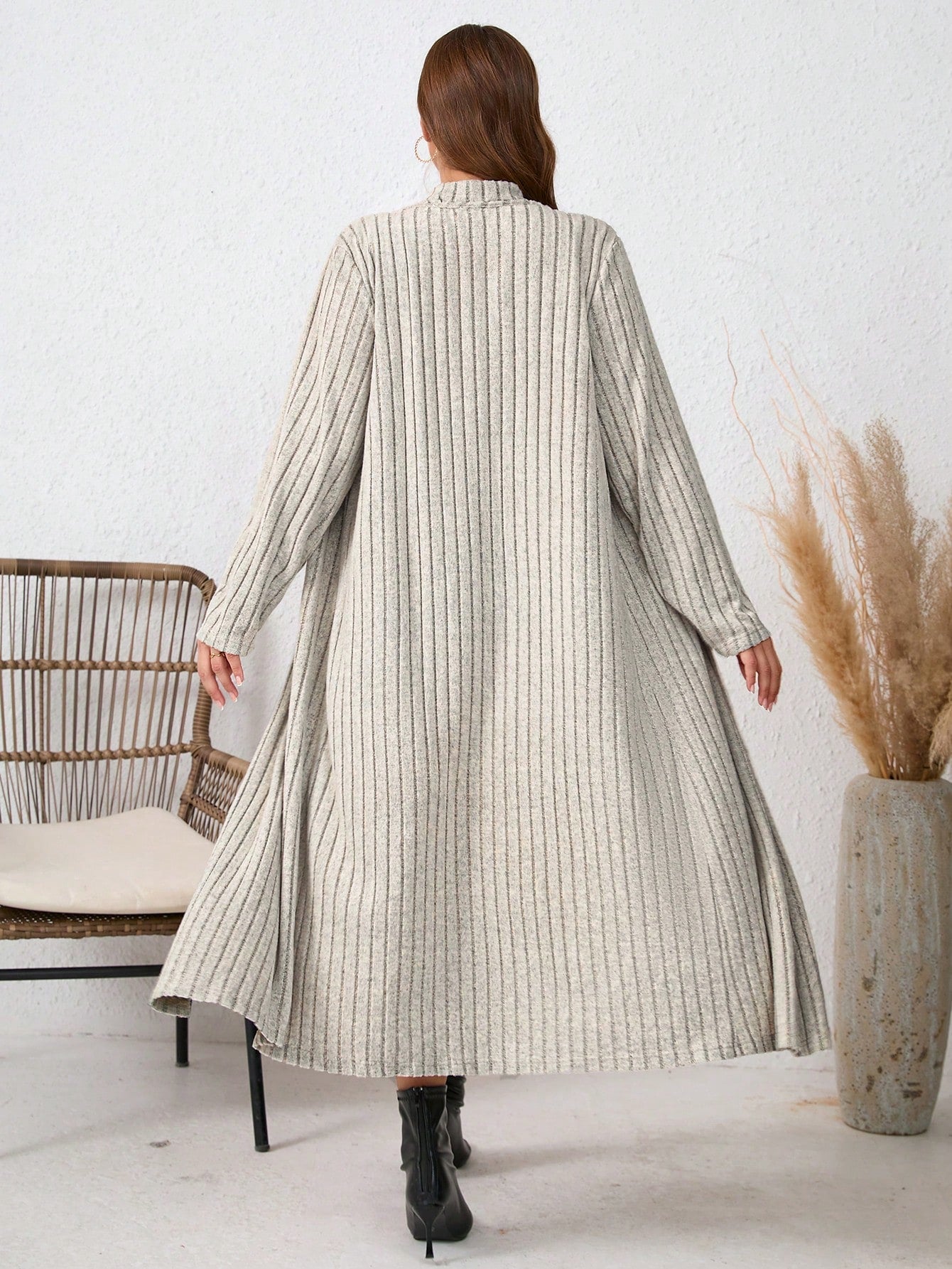 2pcs Plus Size Women's Apricot Fuzzy Ribbed Cardigan And Dress Set For Autumn & Winter Women Clothing Sets Travel Outfit Airport