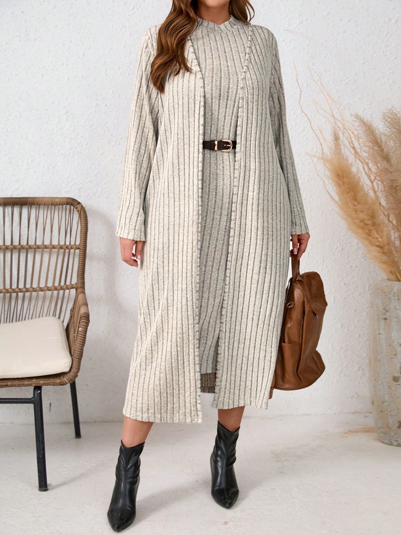 2pcs Plus Size Women's Apricot Fuzzy Ribbed Cardigan And Dress Set For Autumn & Winter Women Clothing Sets Travel Outfit Airport