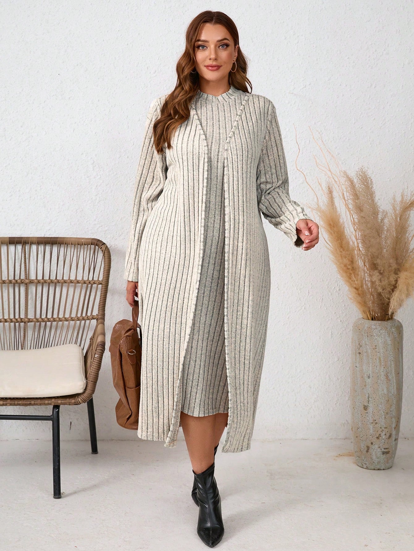 2pcs Plus Size Women's Apricot Fuzzy Ribbed Cardigan And Dress Set For Autumn & Winter Women Clothing Sets Travel Outfit Airport