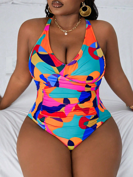 Slayr Plus Size Two-Tone Knotted Back Ruched One-Piece Swimsuit For Beach/Vacation