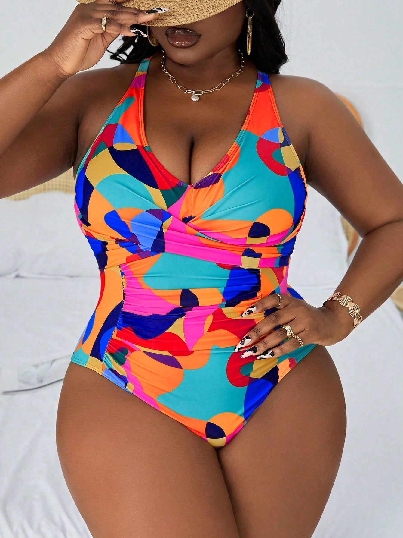 Slayr Plus Size Two-Tone Knotted Back Ruched One-Piece Swimsuit For Beach/Vacation