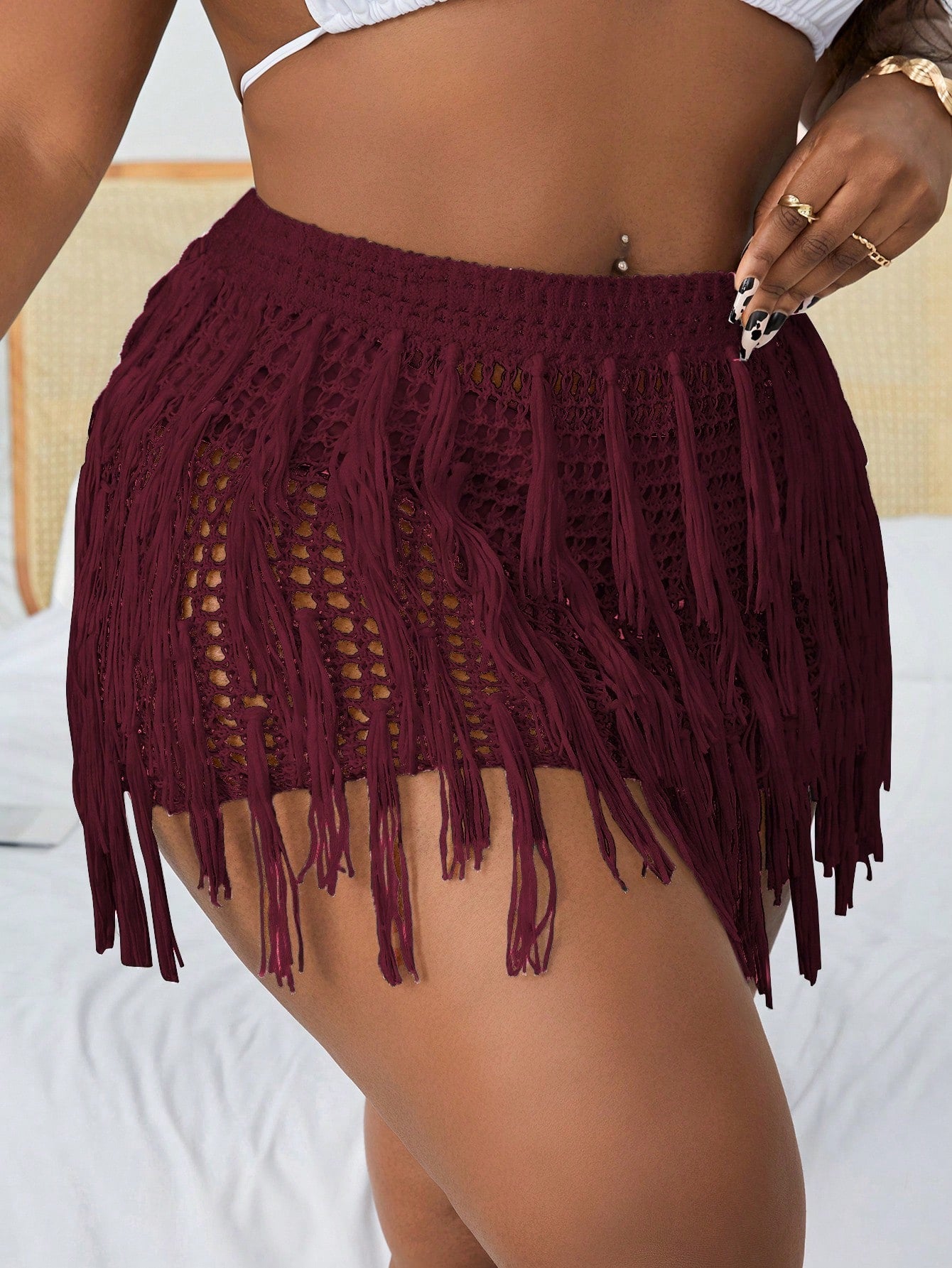 Summer Beach Plus Size Holiday Solid Color Hollow Out Knitted Tassel Trim Slim Fit Mini Cover Up Skirt Set