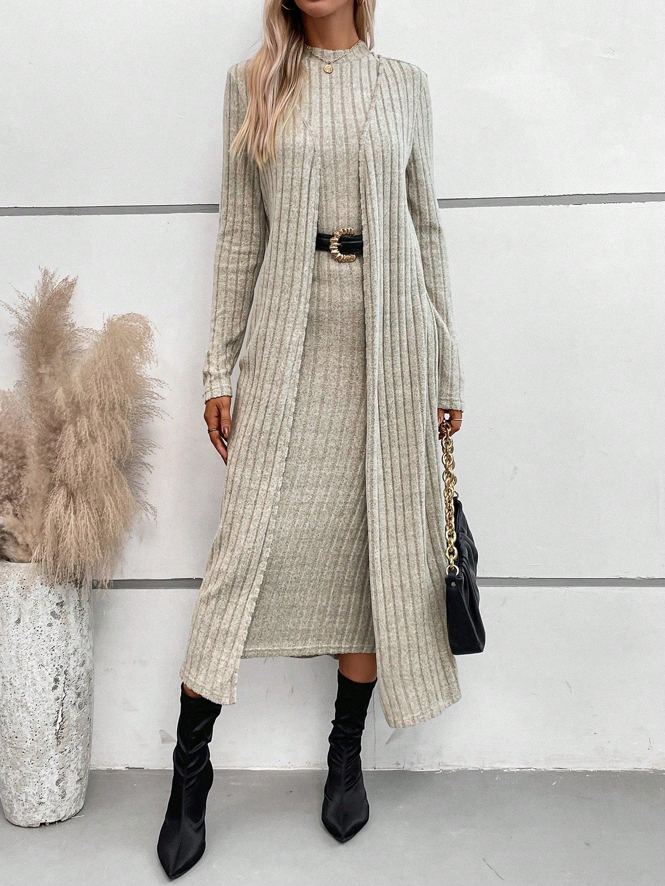 2pcs Plus Size Women's Apricot Fuzzy Ribbed Cardigan And Dress Set For Autumn & Winter Women Clothing Sets Travel Outfit Airport
