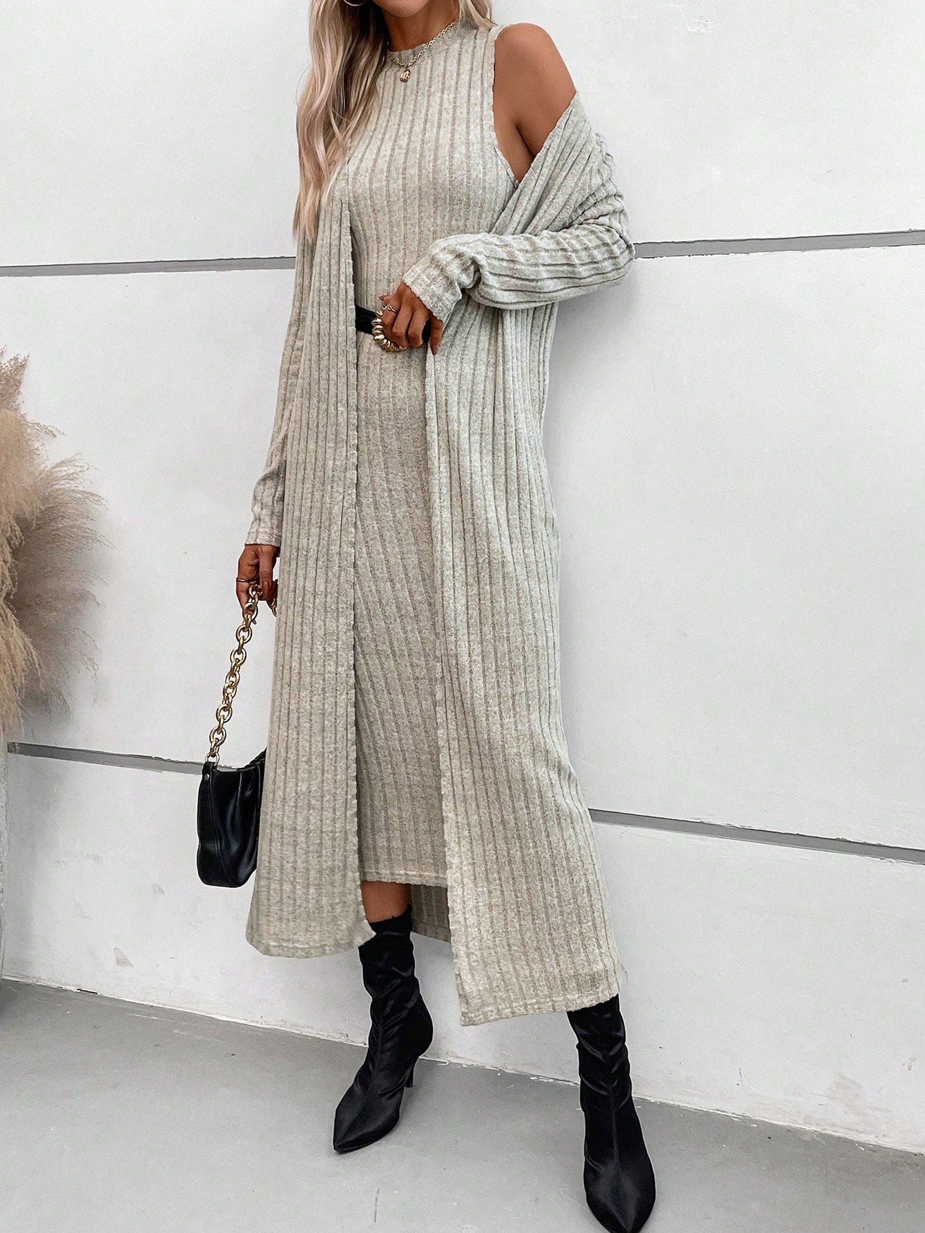 2pcs Plus Size Women's Apricot Fuzzy Ribbed Cardigan And Dress Set For Autumn & Winter Women Clothing Sets Travel Outfit Airport