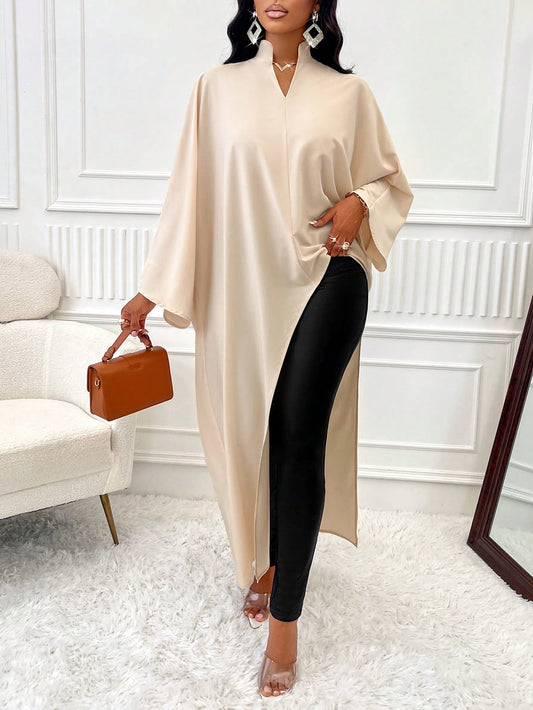 Slayr Stand Collar V-Neck Solid Color High-Low Hem Ruffle Sleeves Asymmetric Hem Shirt