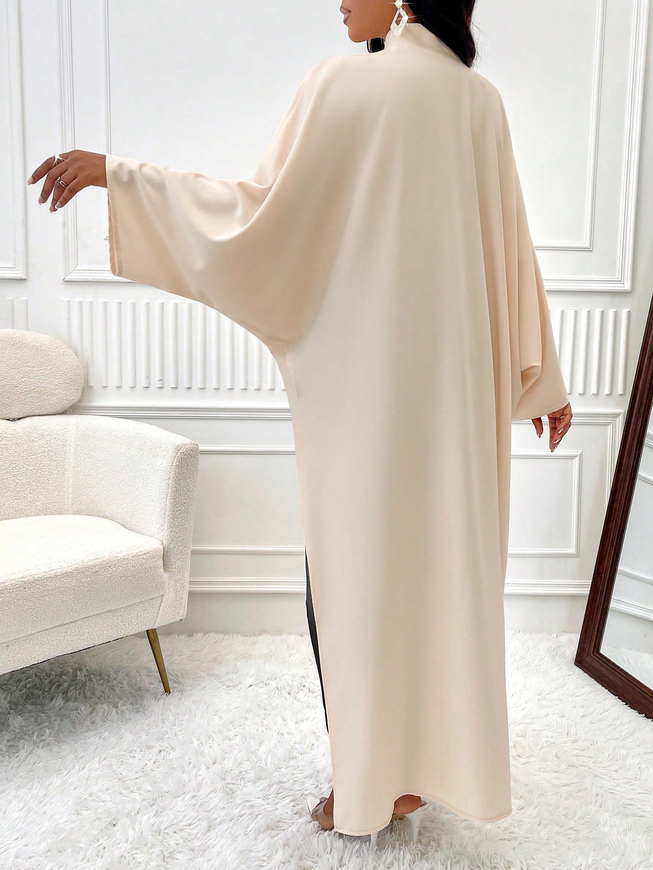 Slayr Stand Collar V-Neck Solid Color High-Low Hem Ruffle Sleeves Asymmetric Hem Shirt