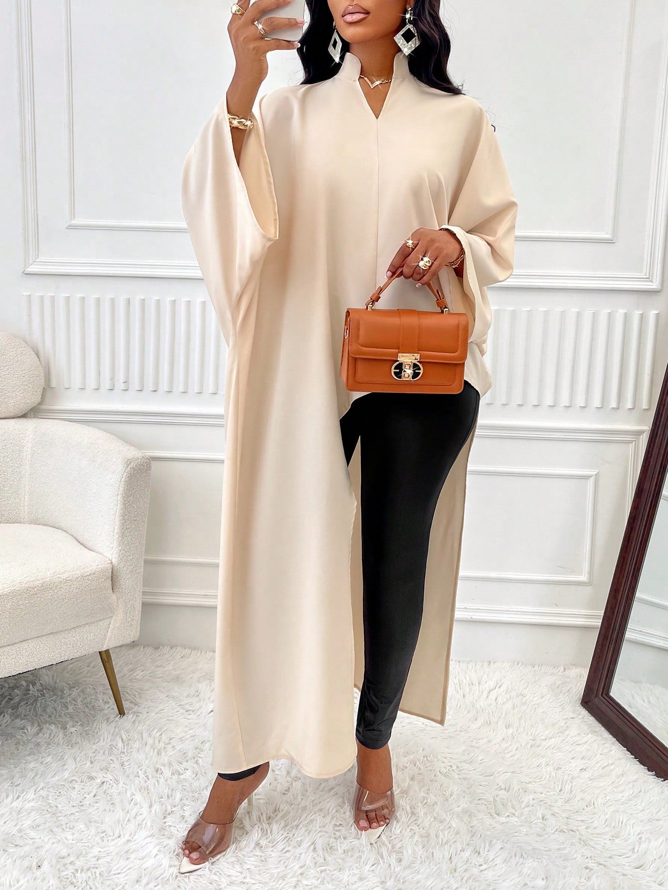 Slayr Stand Collar V-Neck Solid Color High-Low Hem Ruffle Sleeves Asymmetric Hem Shirt