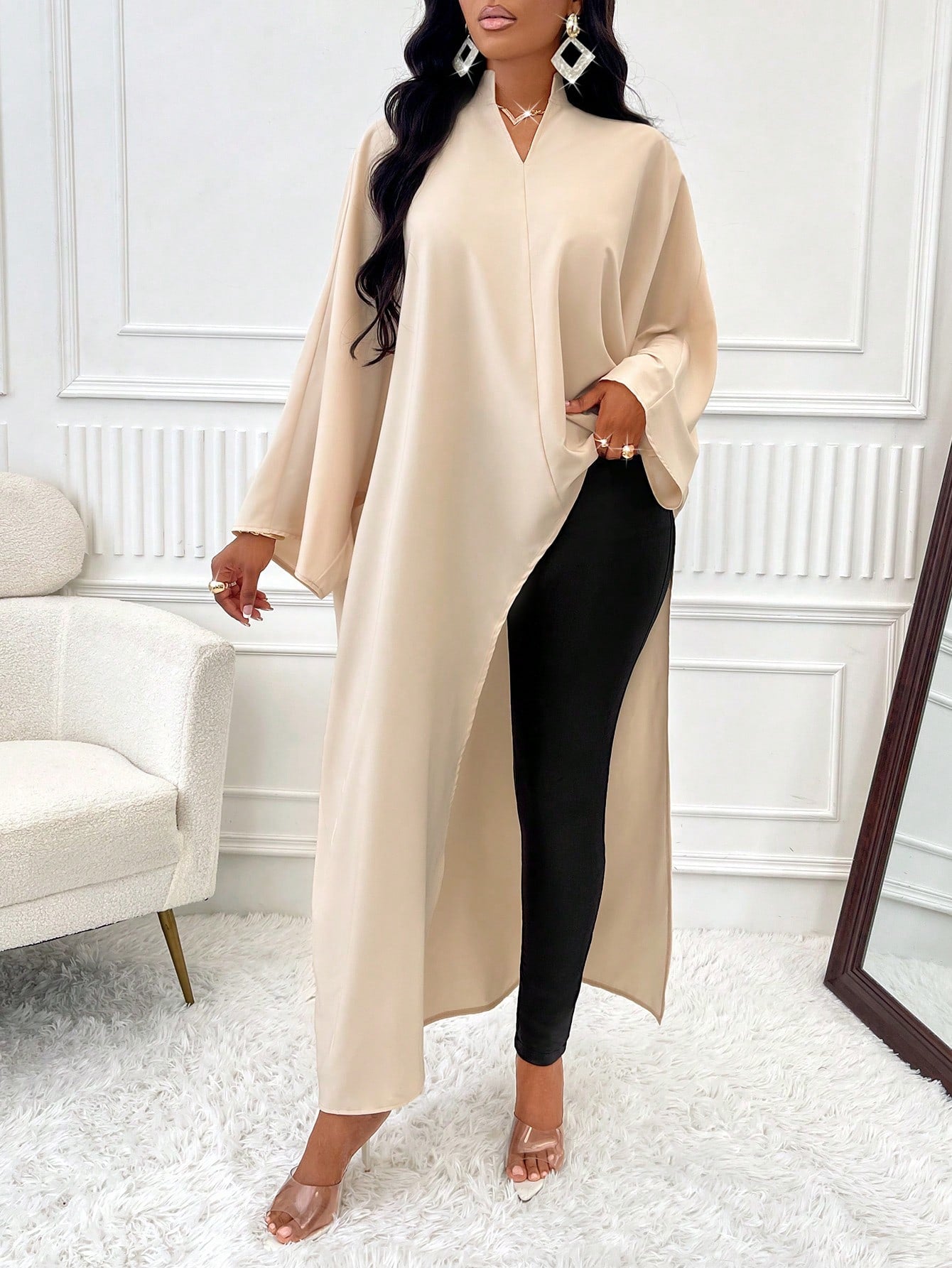 Slayr Stand Collar V-Neck Solid Color High-Low Hem Ruffle Sleeves Asymmetric Hem Shirt