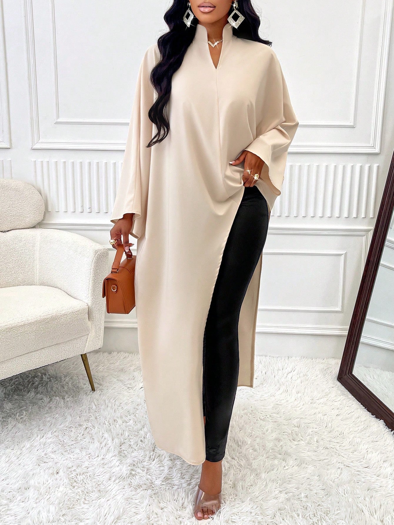 Slayr Stand Collar V-Neck Solid Color High-Low Hem Ruffle Sleeves Asymmetric Hem Shirt
