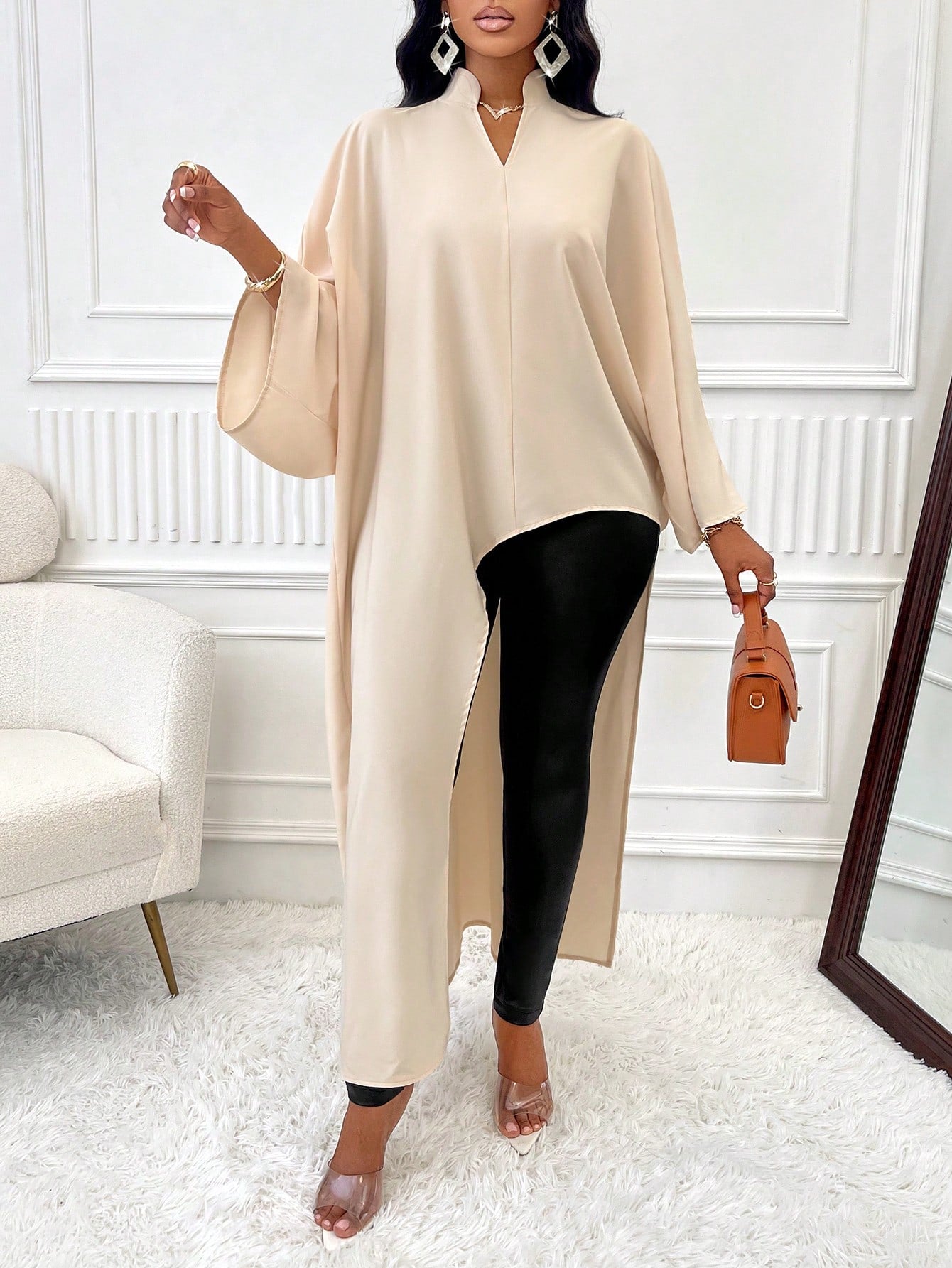 Slayr Stand Collar V-Neck Solid Color High-Low Hem Ruffle Sleeves Asymmetric Hem Shirt