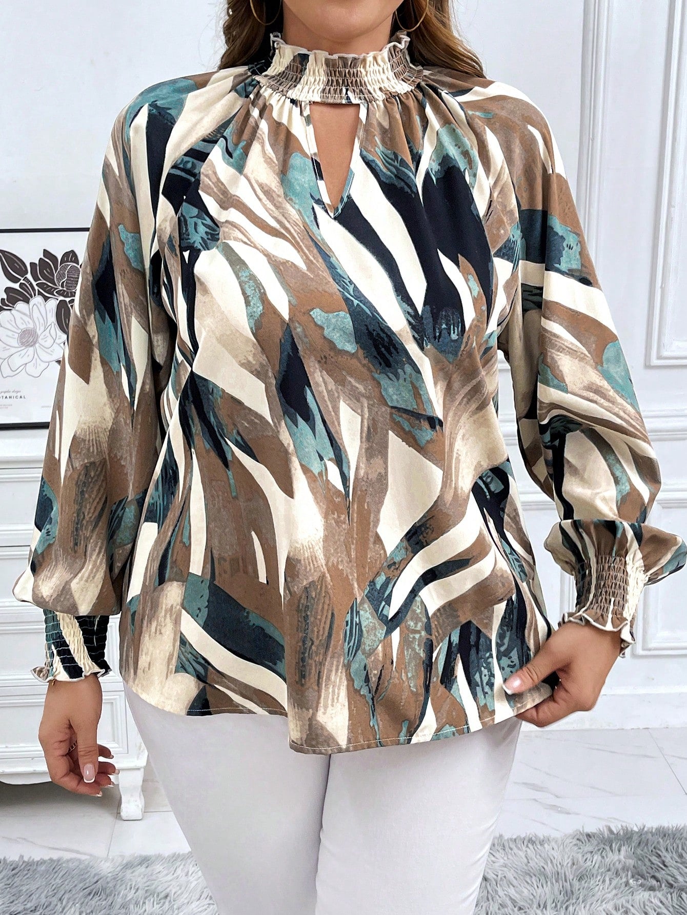 Clasi Plus Size Fall Women Clothes Ruffle Collar Hollow Out Full Print Long Sleeve Casual Frenchies Fall Shirts