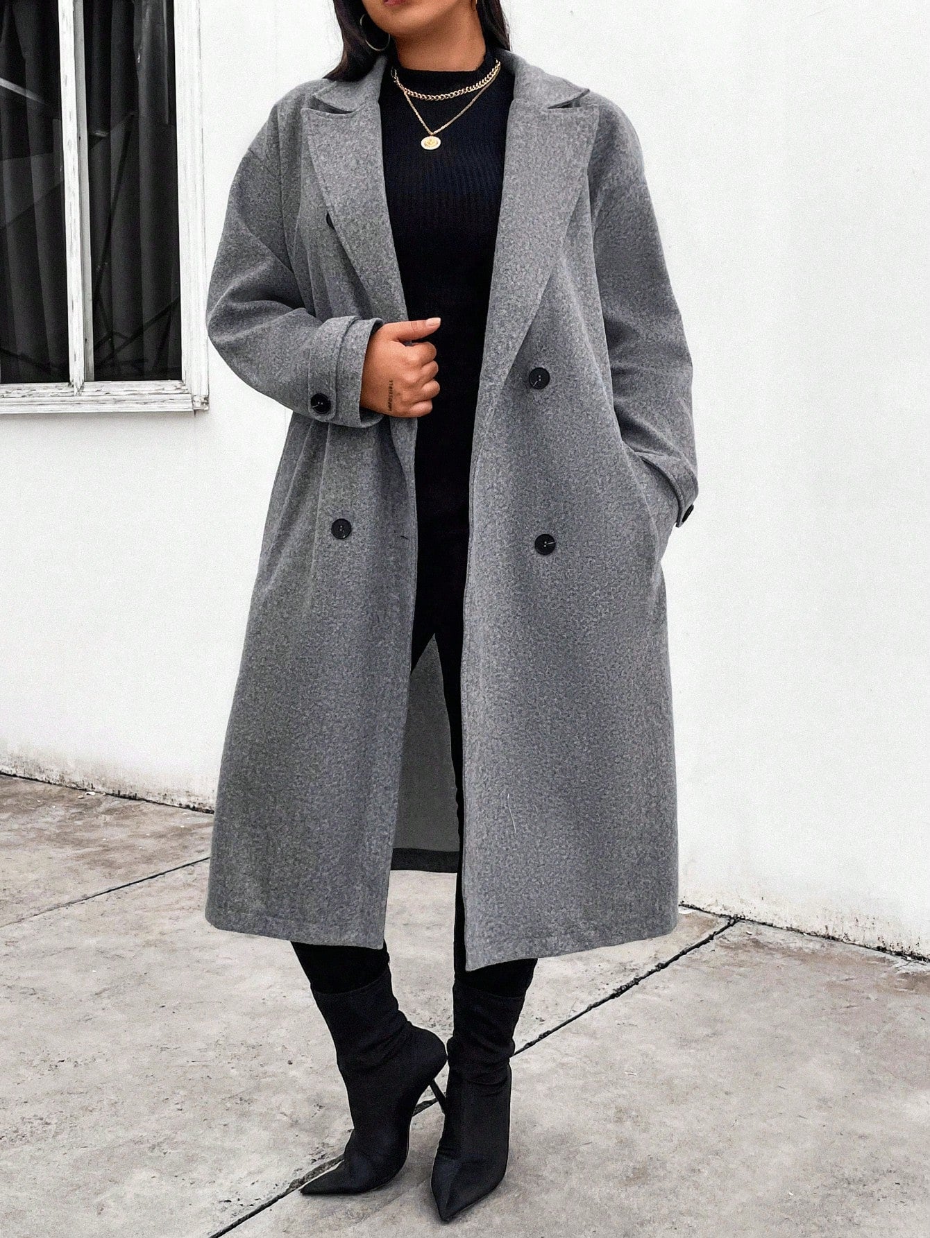 Essnce Plus Size Lapel Button Closure Long Sleeve Pocket Fashion Coat, For Winter