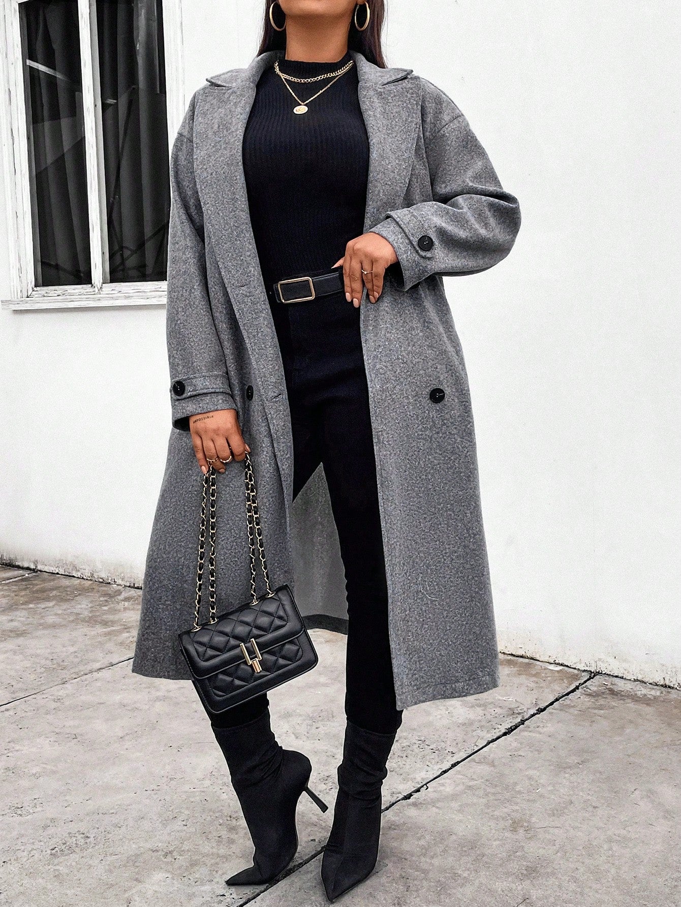 Essnce Plus Size Lapel Button Closure Long Sleeve Pocket Fashion Coat, For Winter