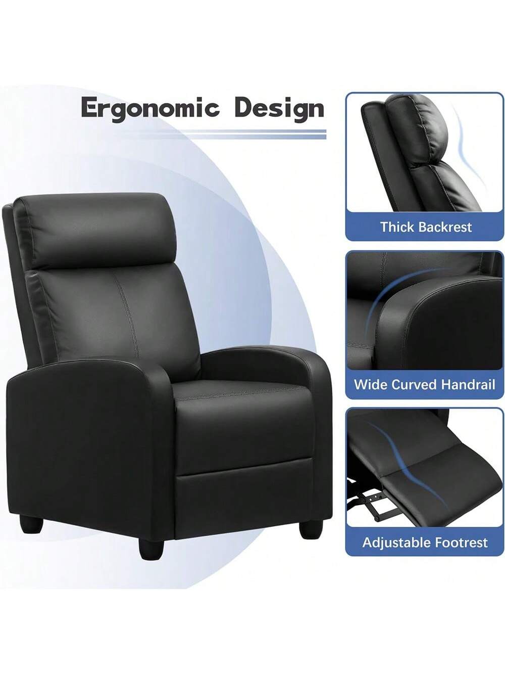 Massage Recliner Chair For Living Room Adjustable PU Leather Reclining Chair Home Theater Seating Modern Winback Single Sofa For Adults With Footrest (Leather, Black