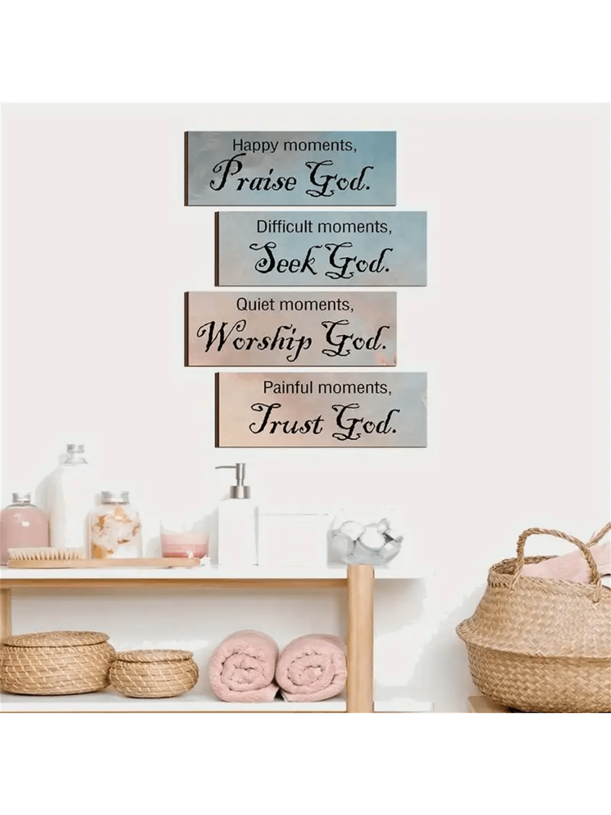 4pcs Christian Wall Art Easter Bible Verse Inspirational Thoughts And Prayers Wall Decor Bathroom Decor Wooden Sign Scripture For Home Bathroom Living Room (With Double Sided Tape) 10*4inch/25*10cm