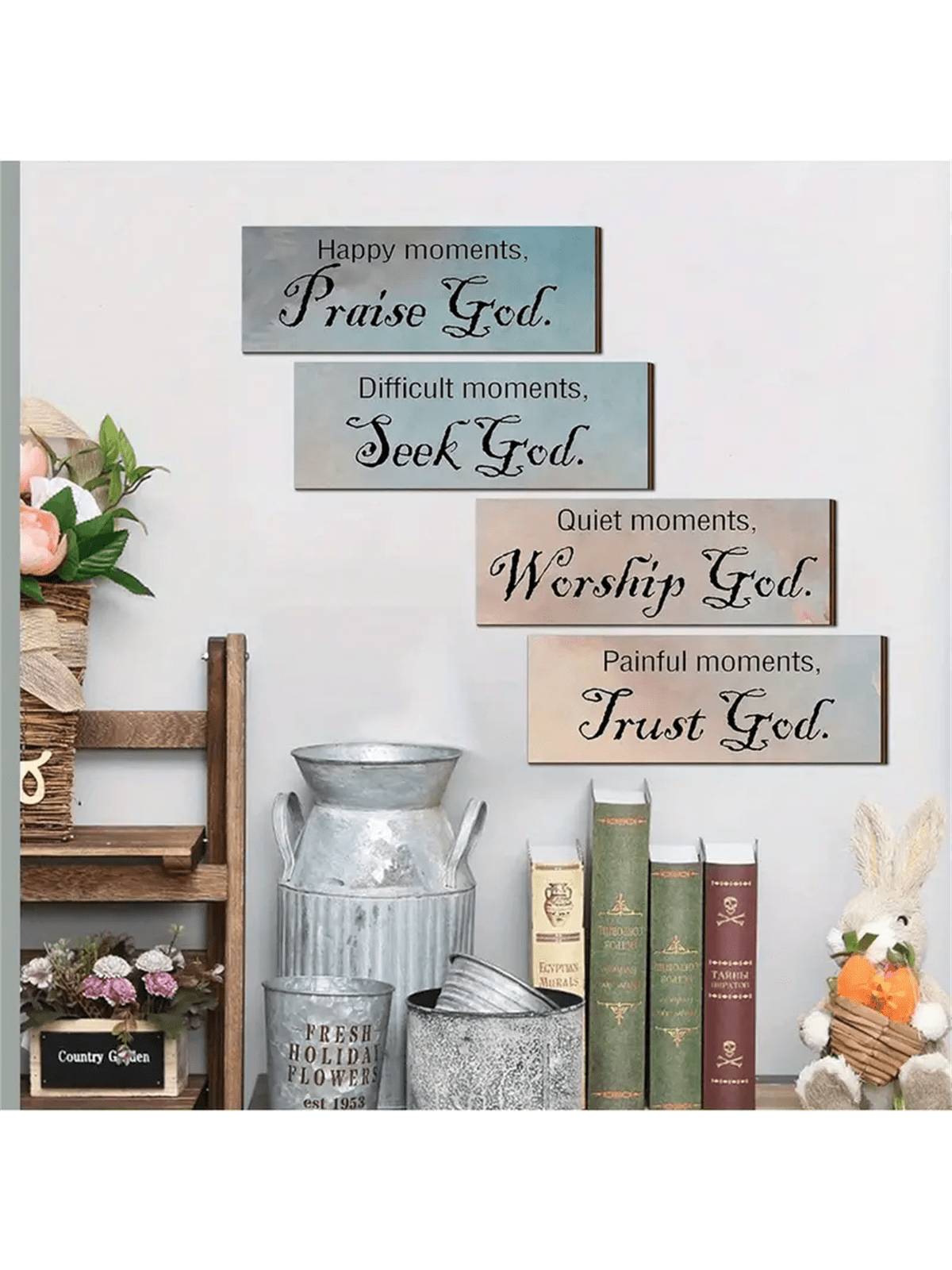 4pcs Christian Wall Art Easter Bible Verse Inspirational Thoughts And Prayers Wall Decor Bathroom Decor Wooden Sign Scripture For Home Bathroom Living Room (With Double Sided Tape) 10*4inch/25*10cm
