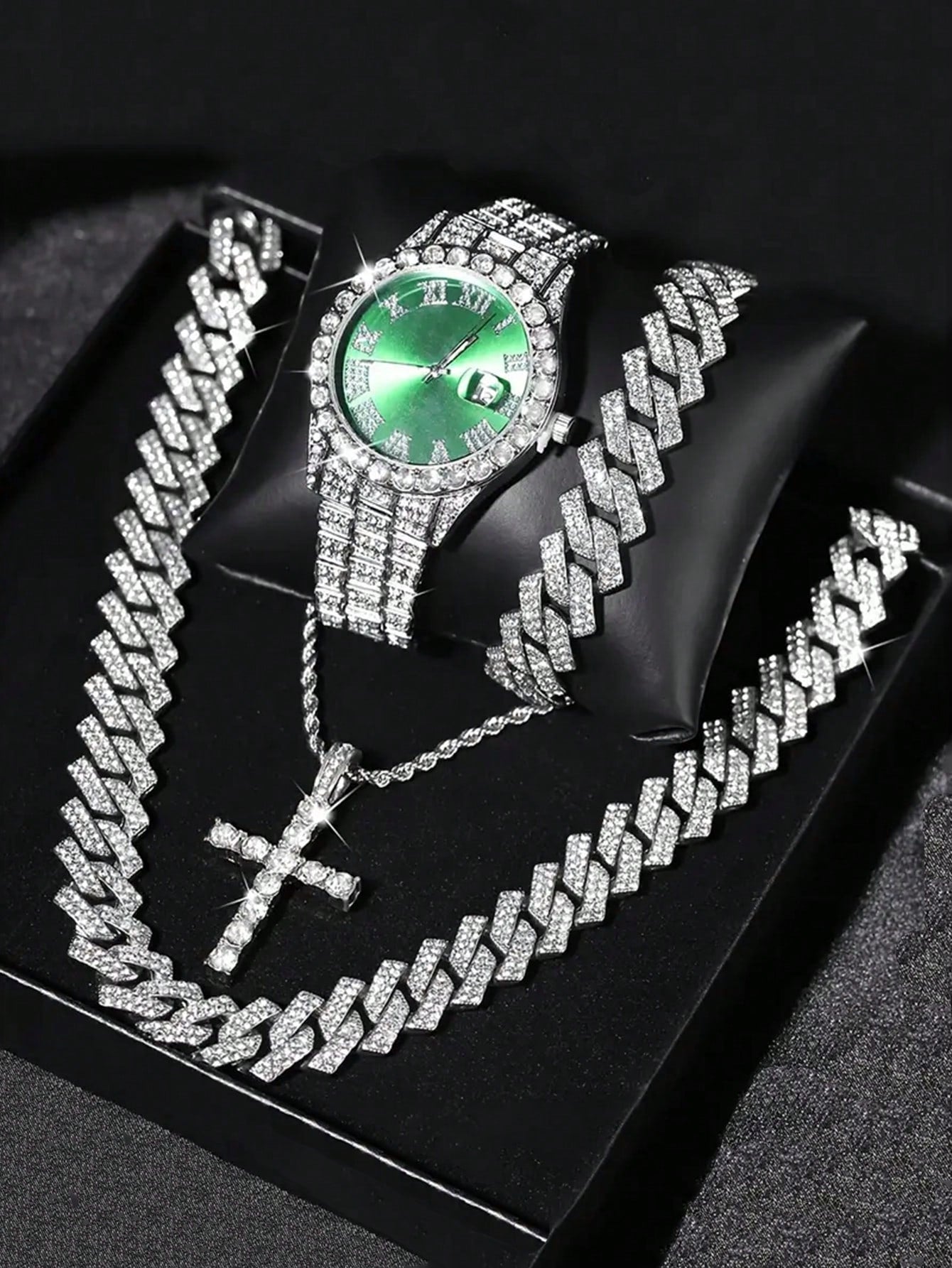 CVNANA 4pcs/Set Men's Watch And Hip Hop Cuban Chain Necklace Bracelet Set