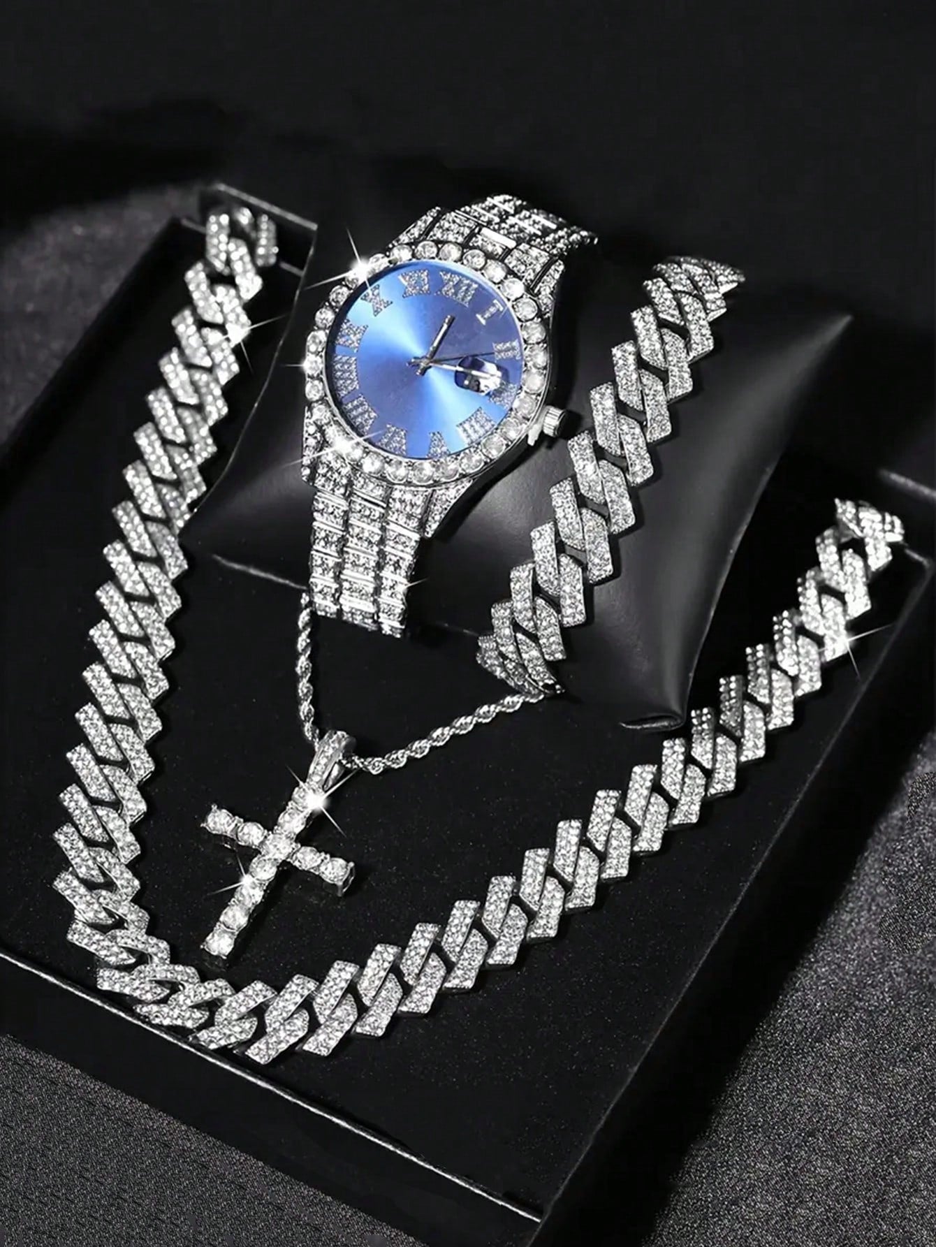 CVNANA 4pcs/Set Men's Watch And Hip Hop Cuban Chain Necklace Bracelet Set