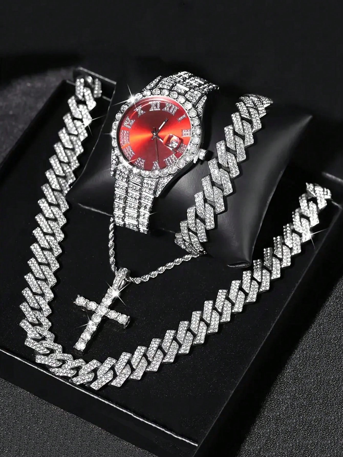 CVNANA 4pcs/Set Men's Watch And Hip Hop Cuban Chain Necklace Bracelet Set