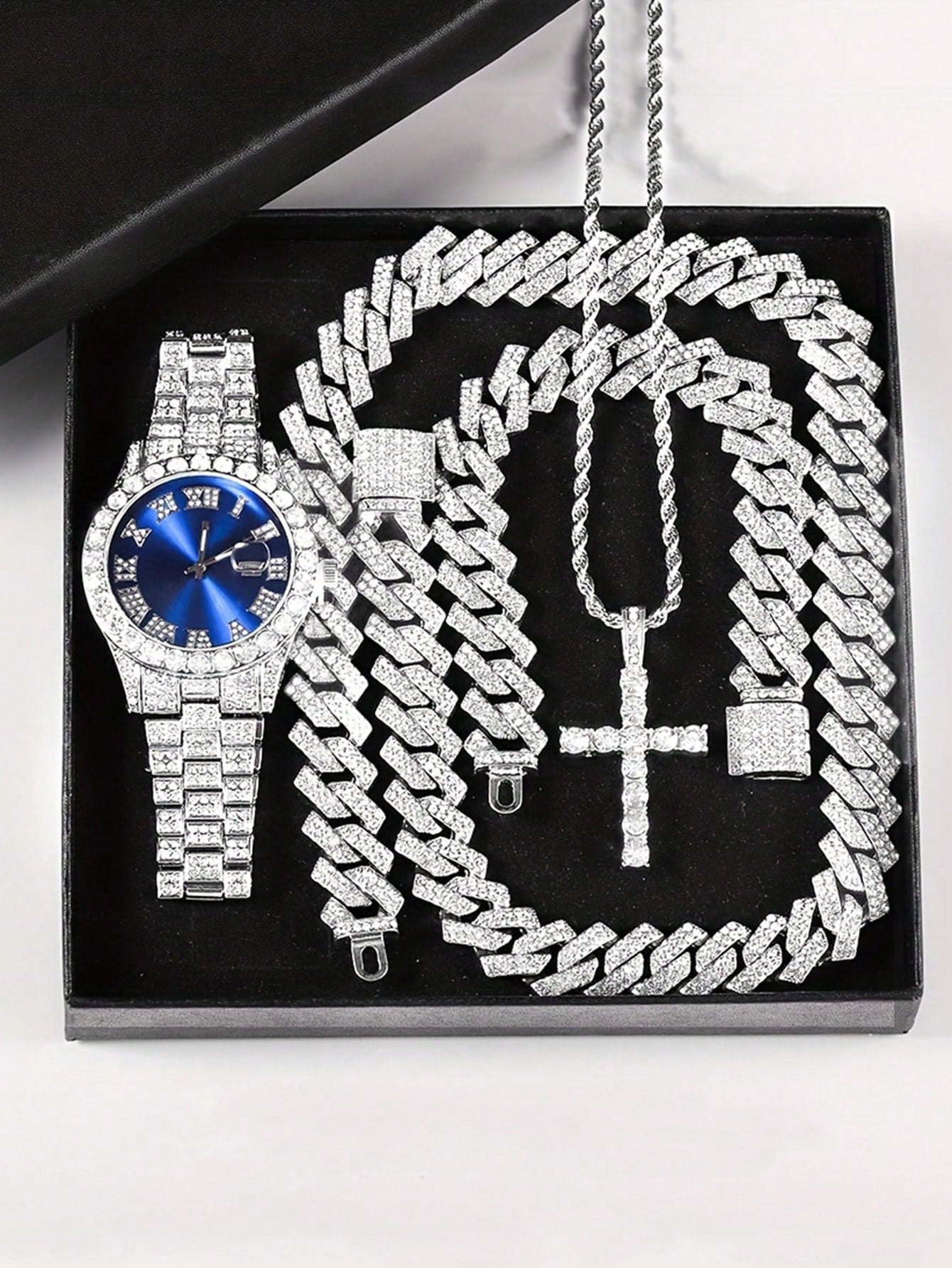 CVNANA 4pcs/Set Men's Watch And Hip Hop Cuban Chain Necklace Bracelet Set