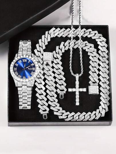 CVNANA 4pcs/Set Men's Watch And Hip Hop Cuban Chain Necklace Bracelet Set