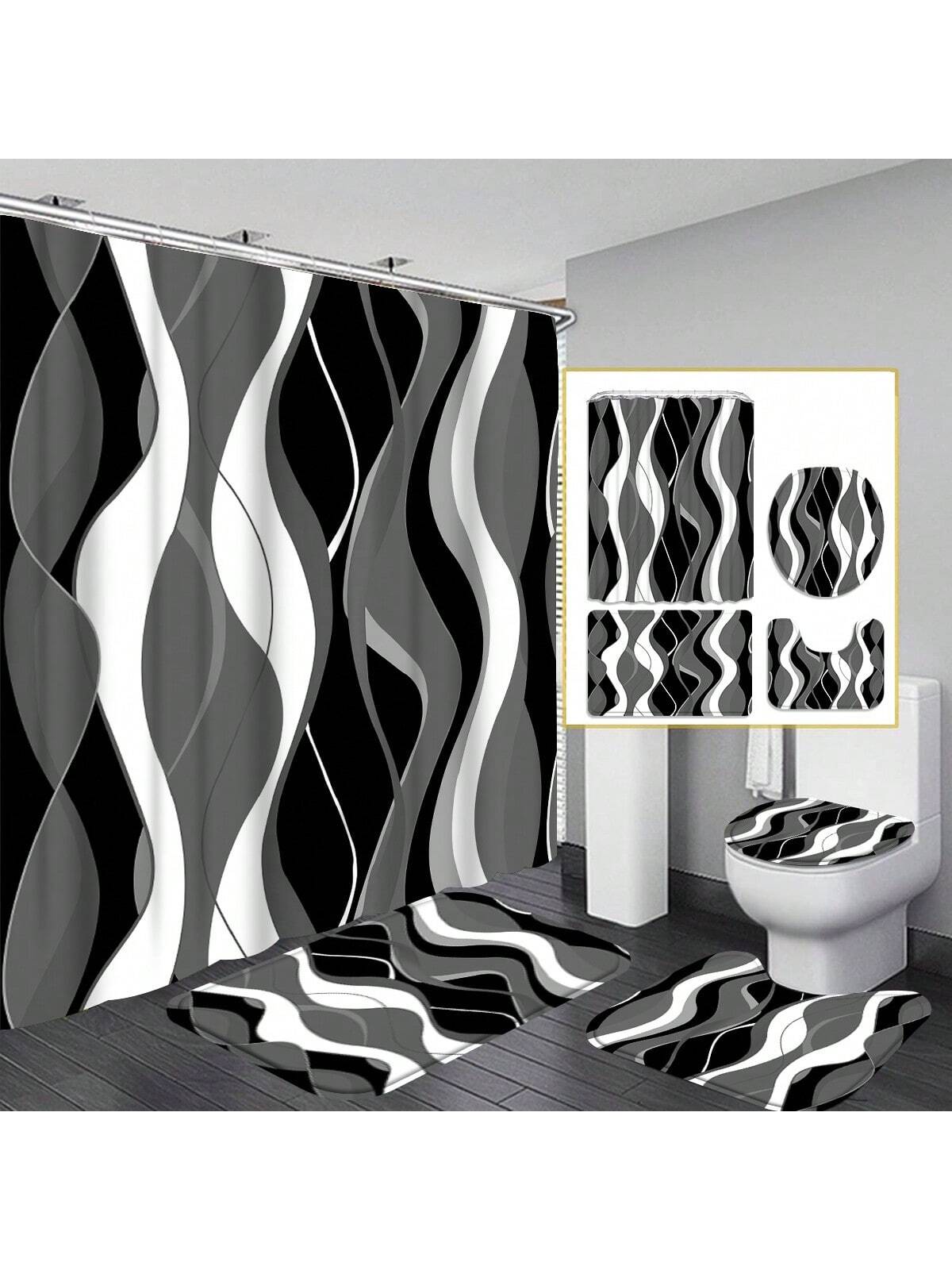 1pc/4pcs Modern Art Shower Curtain Set, Abstract Art Bathroom Decor Set, Twist Lines & Layered Stripes Waterproof Shower Curtain, Bath Mat, Toilet Lid Cover, Anti-Slip U-Shaped Mat, Bathroom Waterproof Divider Curtain, Home Decor Accessories, Comes With