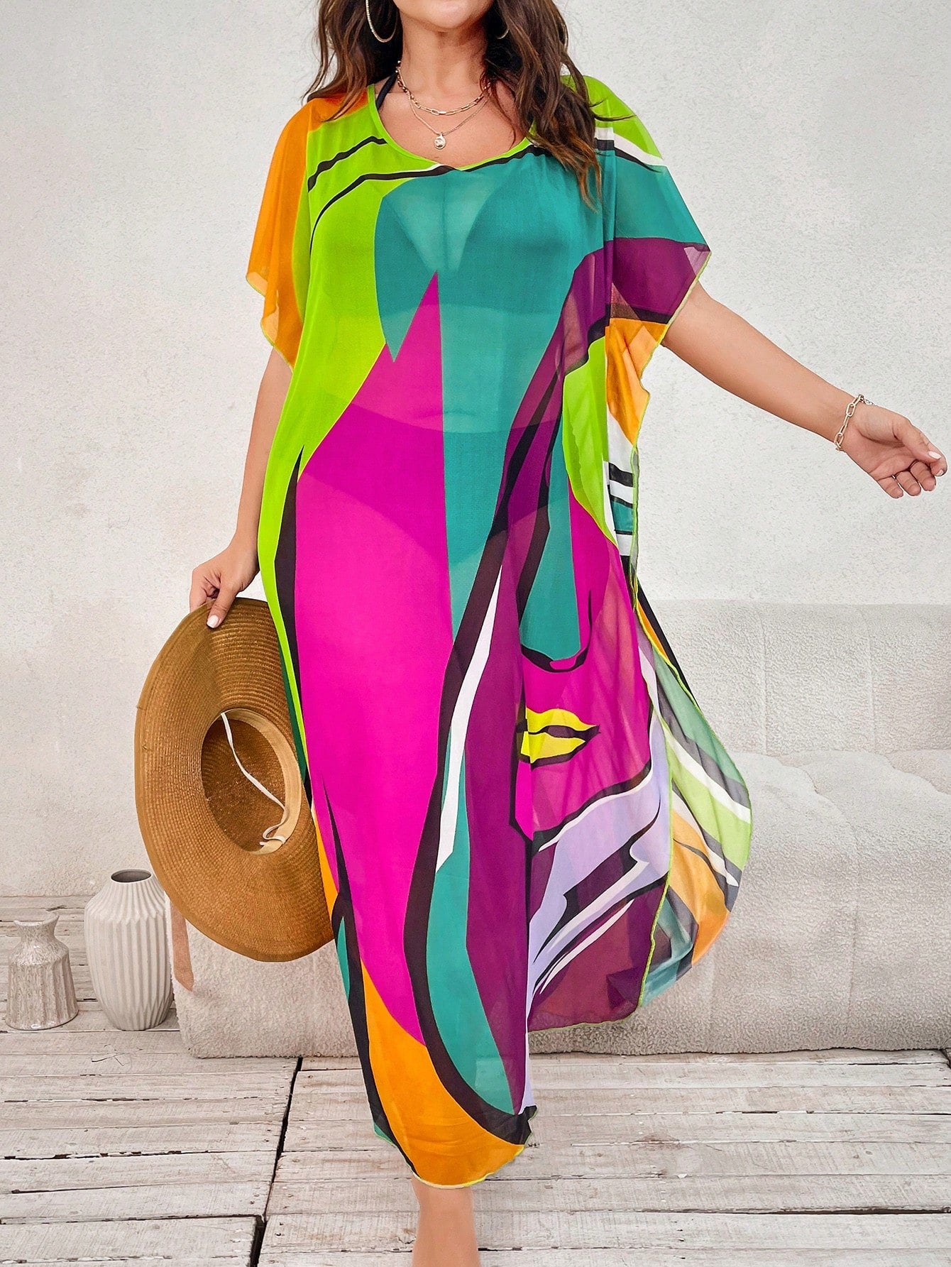 Swim Curve Plus Size Women Colorful Short Sleeve Cover Up